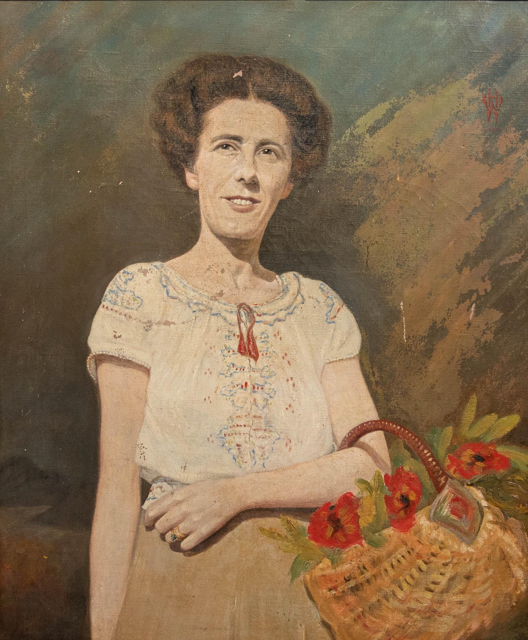 H. W. - 1947 Öl zur Restaurierung, Die Dame mit dem Blumenkorb – Painting von Unknown
