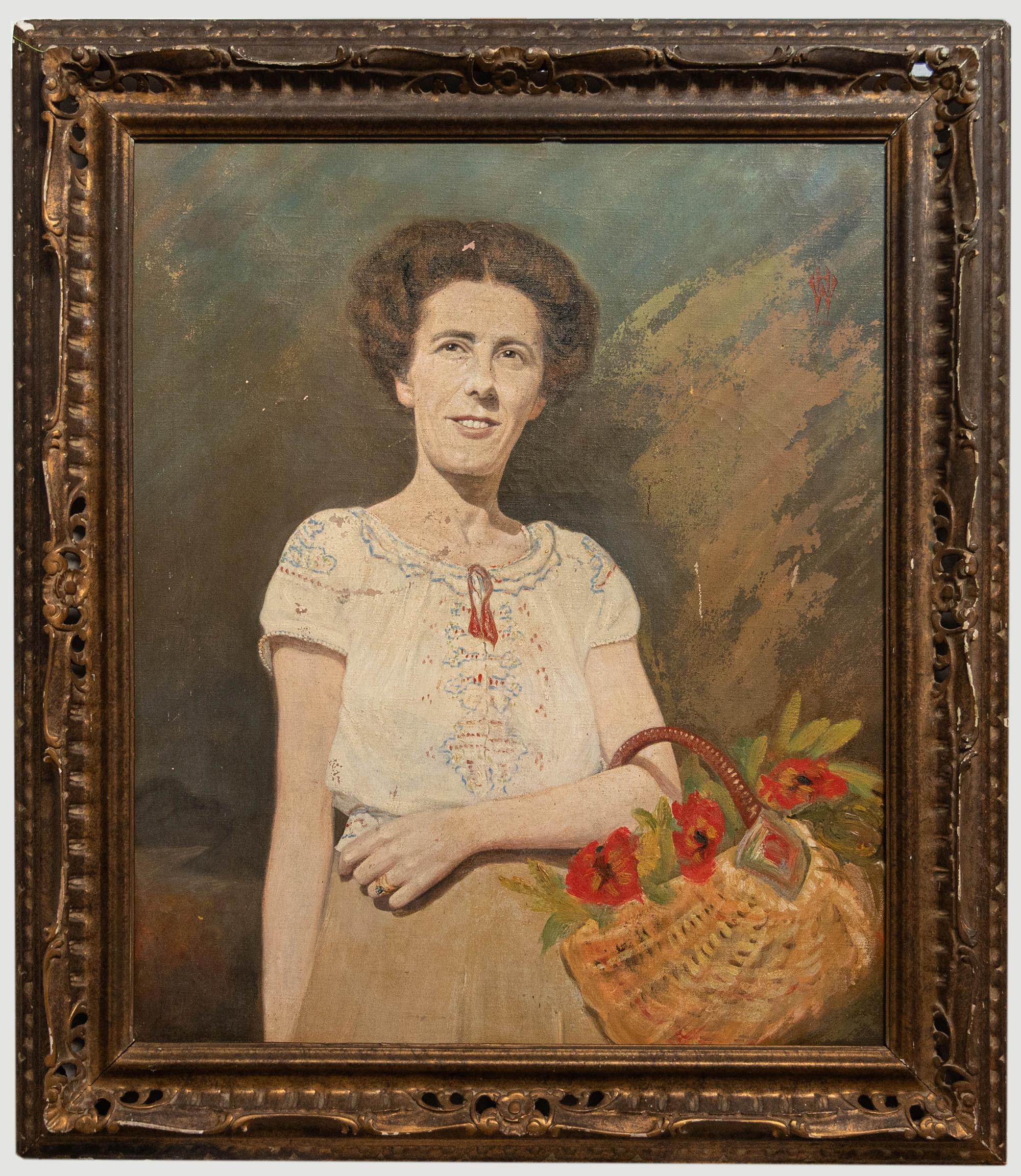 Unknown Portrait Painting – H. W. - 1947 Öl zur Restaurierung, Die Dame mit dem Blumenkorb