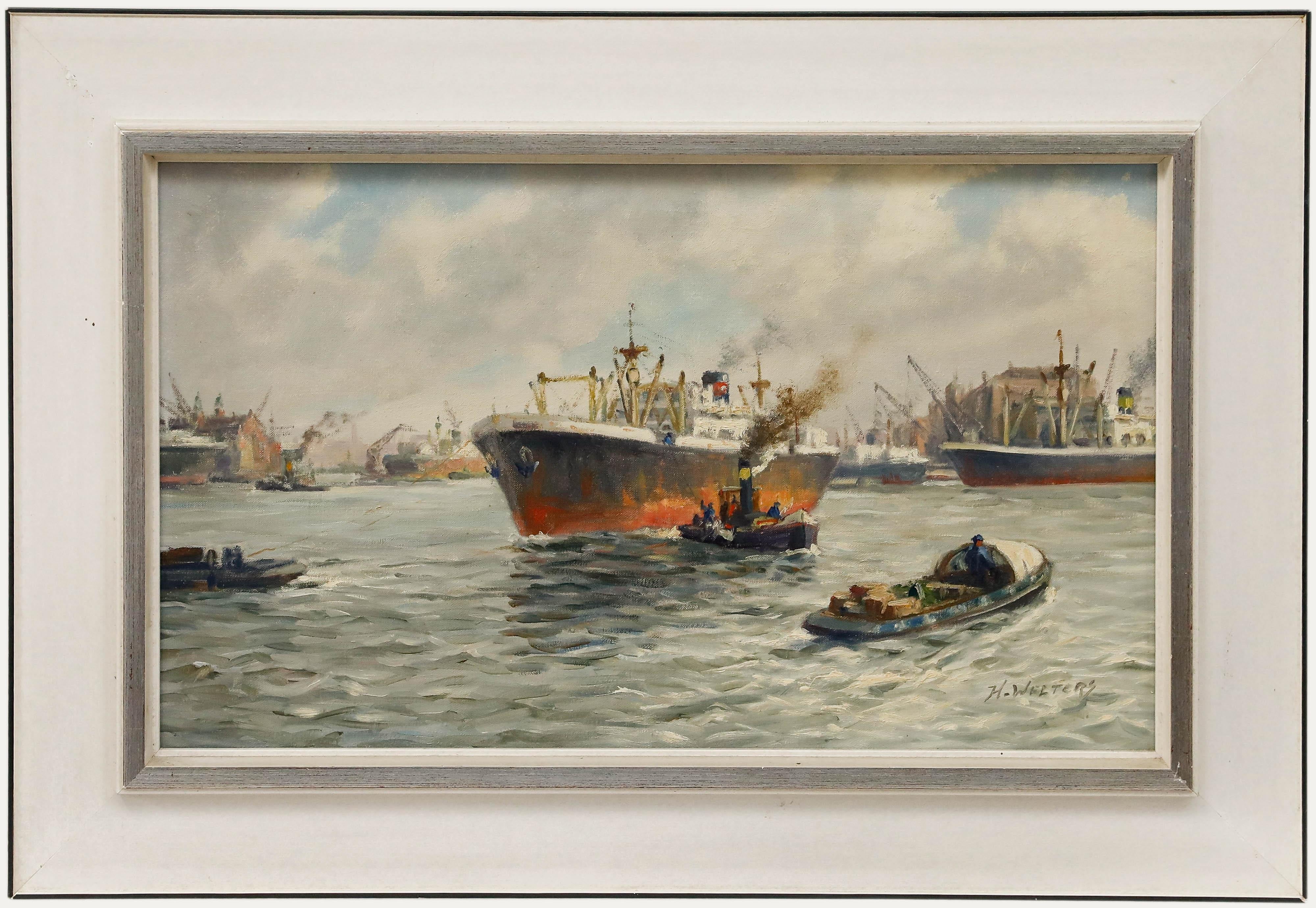 Unknown Landscape Painting - H. Welters - Framed Mid 20th Century Oil, Coming in to Dock