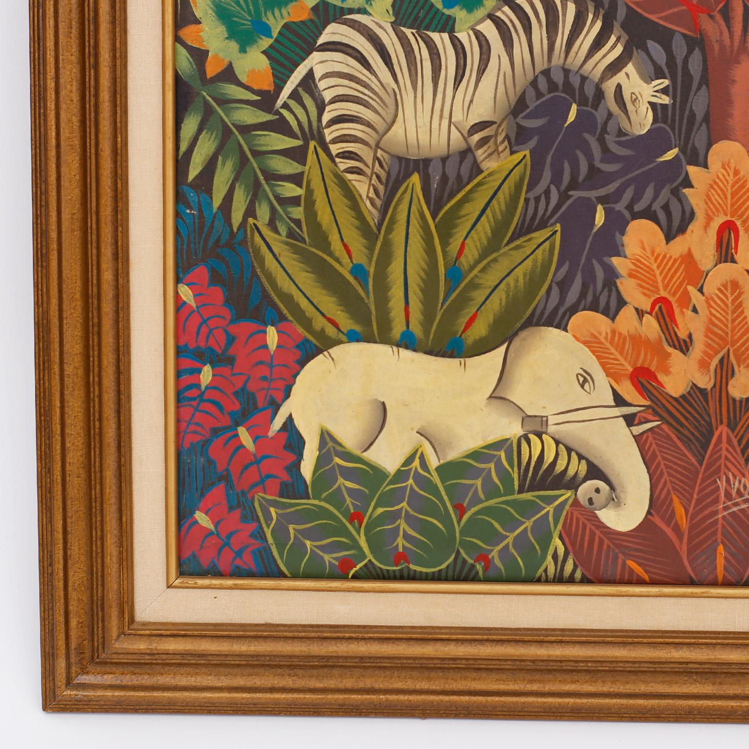 Whimsical oil painting on canvas with zebras and elephants in a stylized jungle setting, painted in a unique folky naive style typical of Haitian artists. Signed Yvon at the bottom and presented in a wood frame.