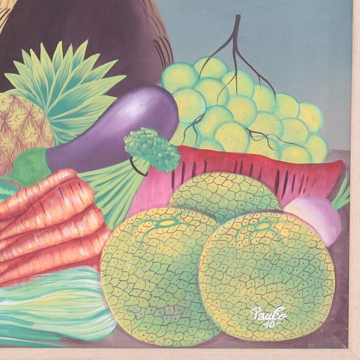 Striking Haitian acrylic painting on canvas depicting a colorful healthy array of fruits and vegetables executed in a distinctive naive style. Signed Paulo in the lower right and presented in a wood frame.