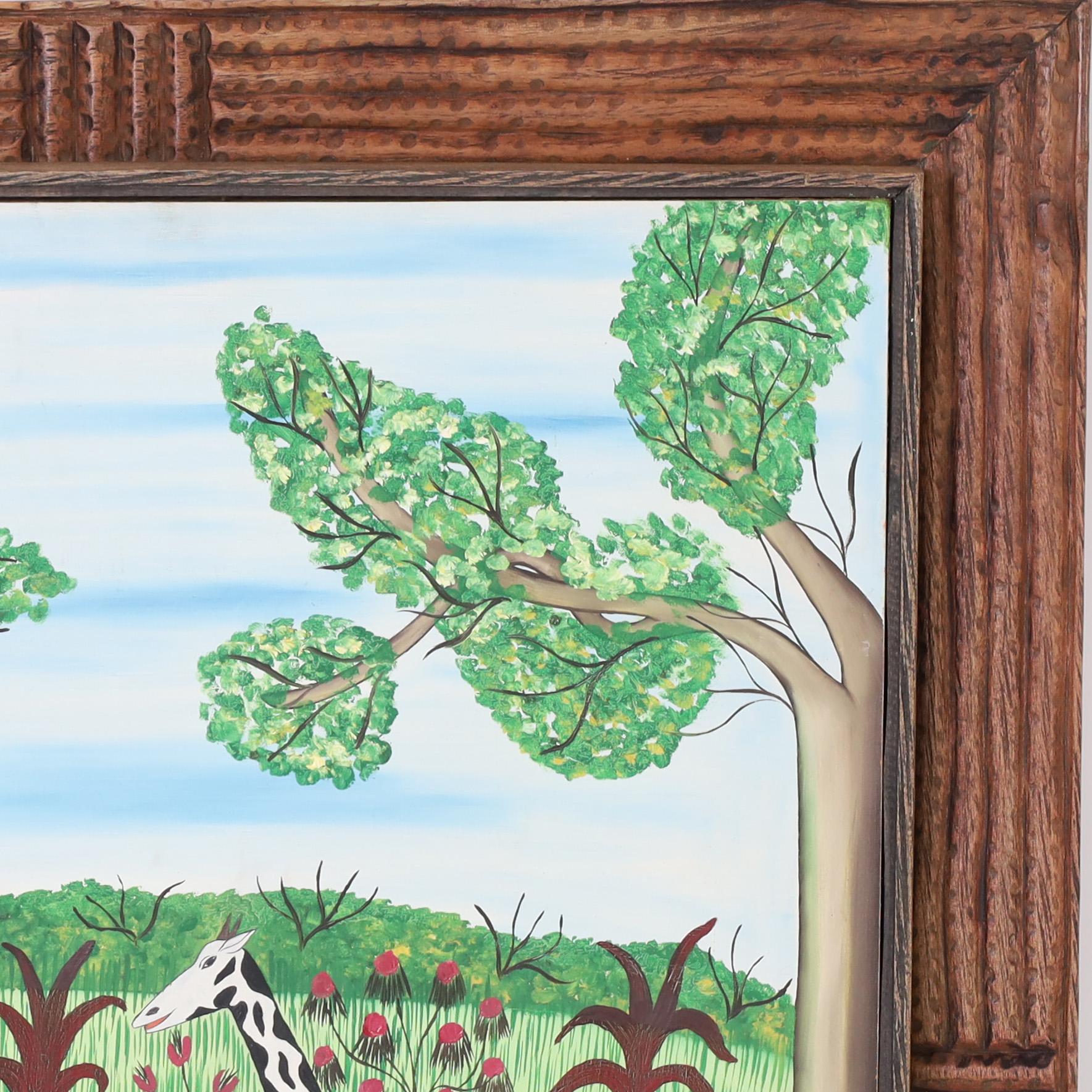 Striking vintage acrylic painting on board of two giraffes in a landscape with flowers and trees executed in a distinctive playful naive technique. Signed Fils Rigaud Benoit 74 and presented in the original carved wood frame.