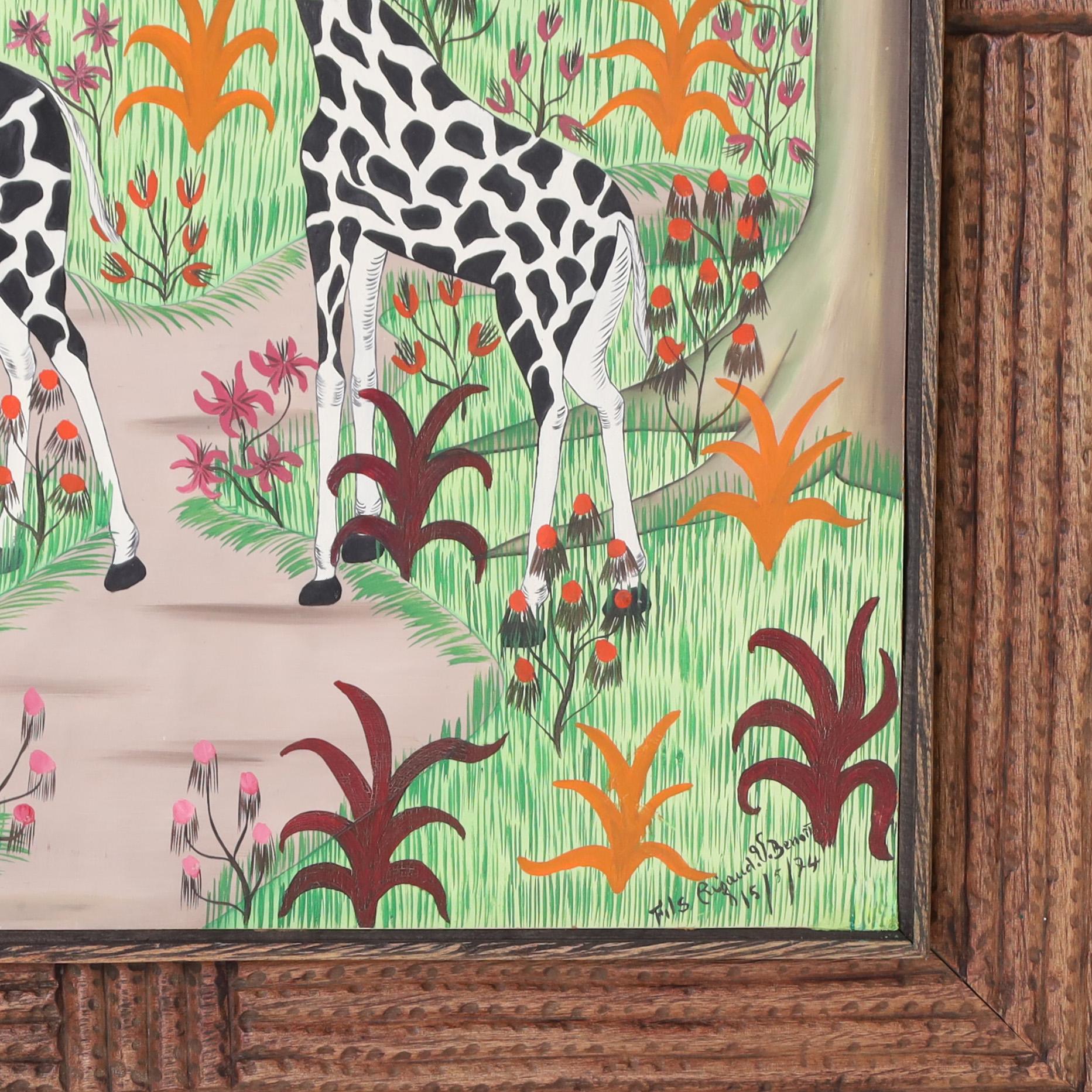 Peinture haïtienne de girafes - Gris Animal Painting par Unknown
