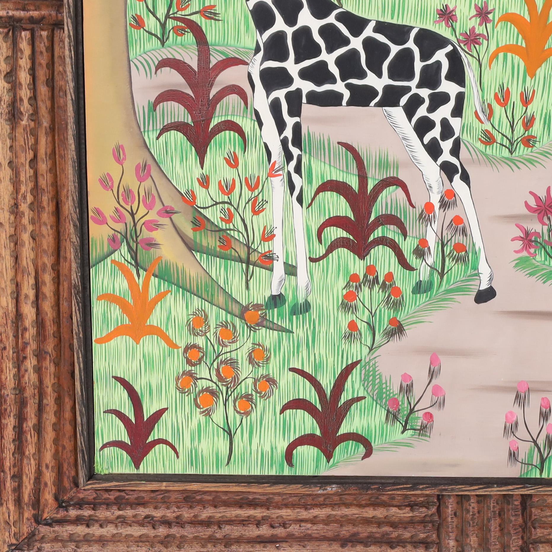 Remarquable peinture acrylique vintage sur panneau représentant deux girafes dans un paysage de fleurs et d'arbres, exécutée selon une technique naïve et ludique caractéristique. Signée Fils Rigaud Benoit 74 et présentée dans son cadre original en
