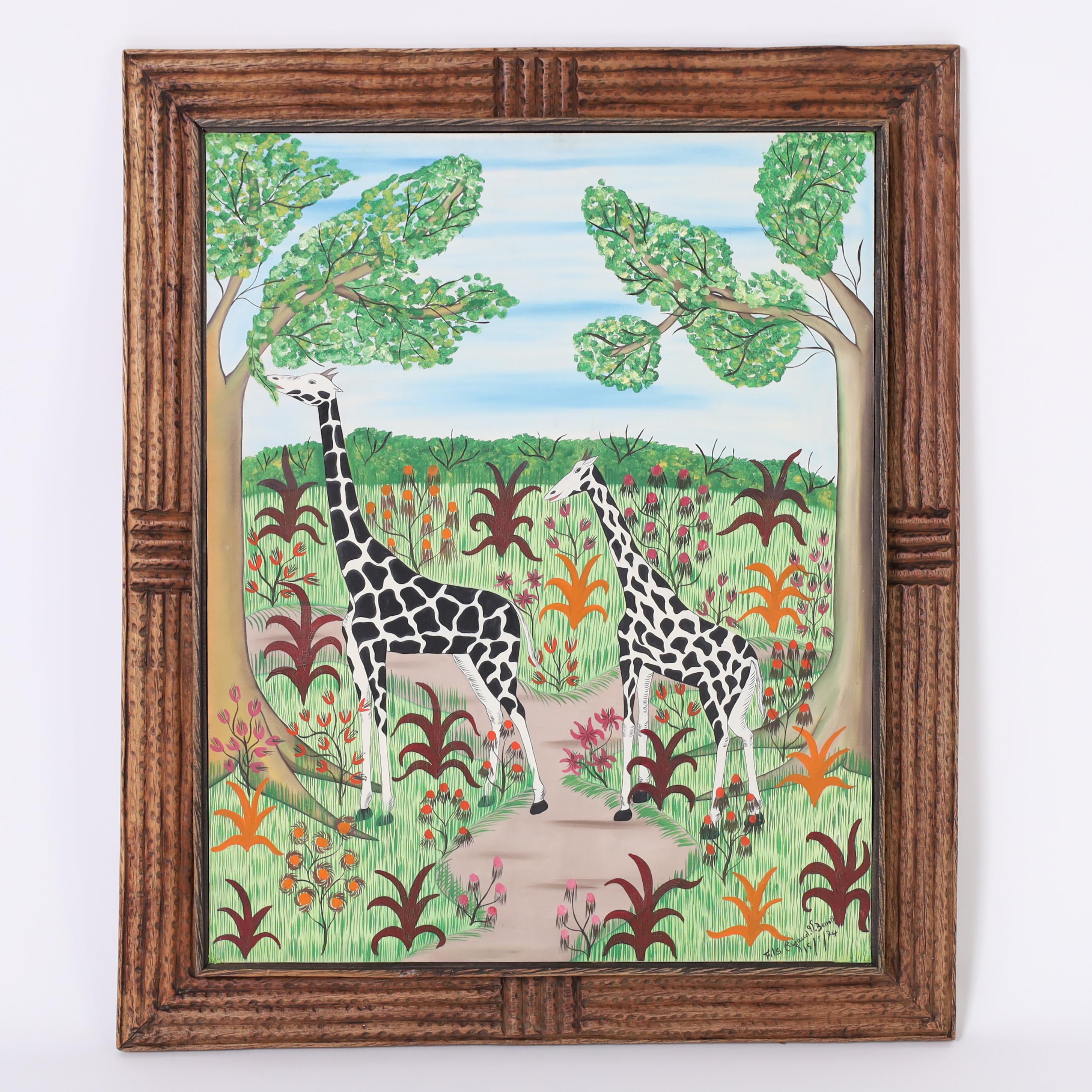Animal Painting Unknown - Peinture haïtienne de girafes
