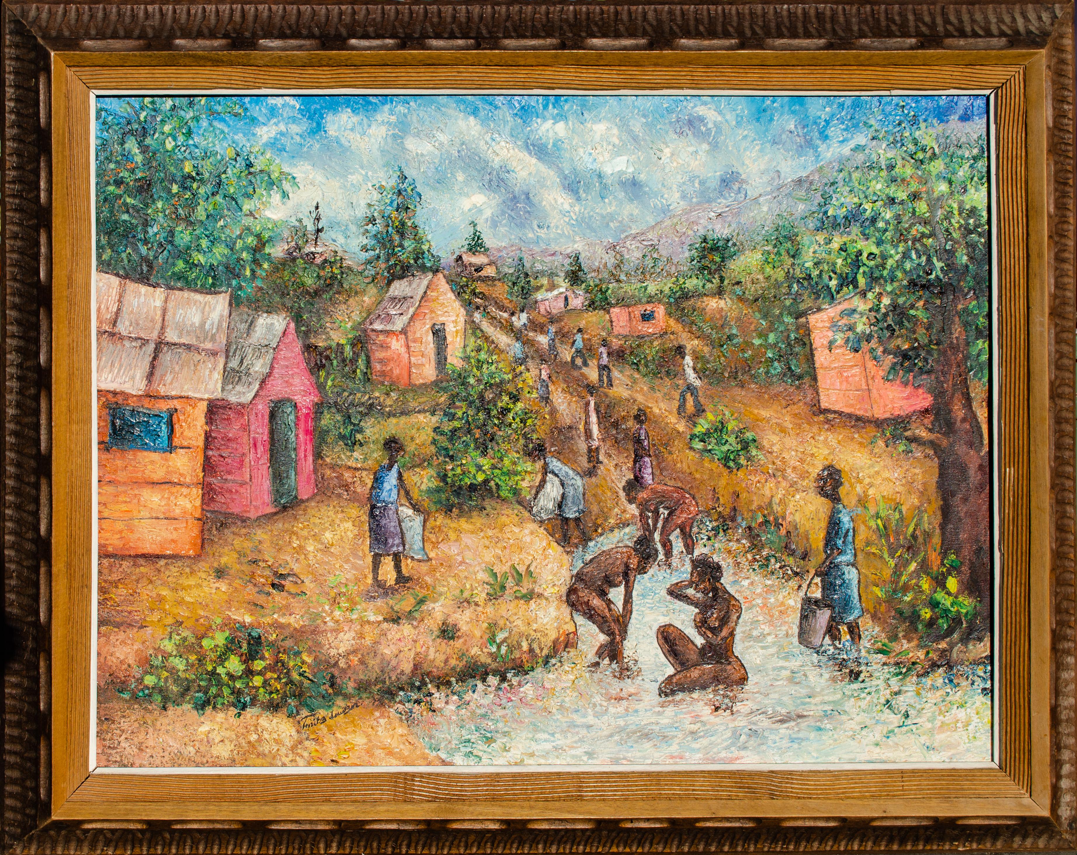 Unknown Landscape Painting - Haitian Painting of Village Women Bathing