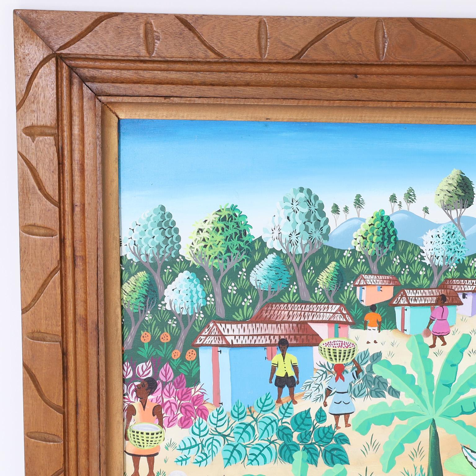 Pintura haitiana sobre lienzo de una aldea - Painting de Unknown