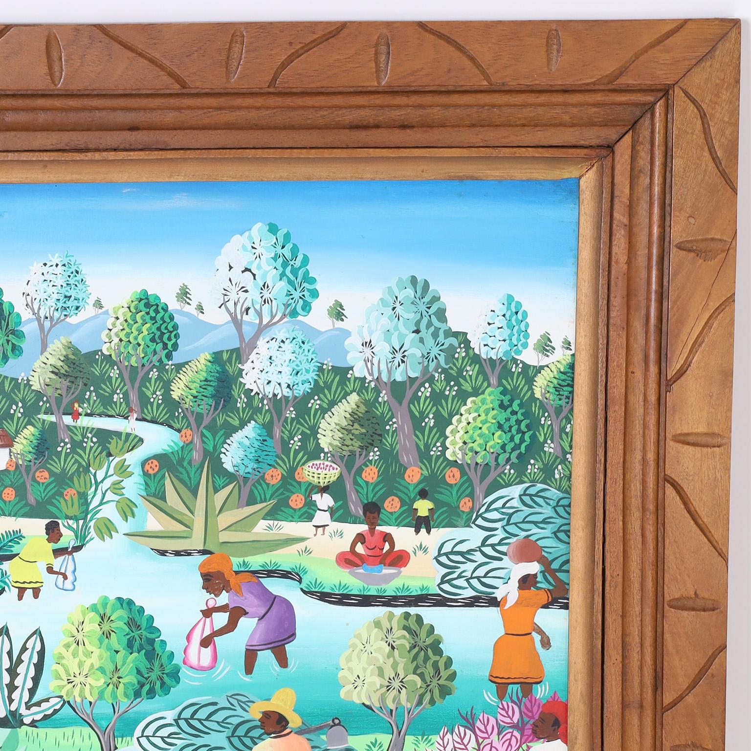 Pintura haitiana sobre lienzo de una aldea - Painting Moderno de Unknown