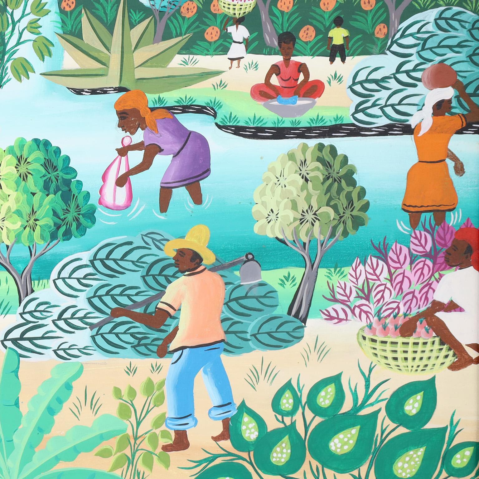 Pintura haitiana sobre lienzo de una aldea 1