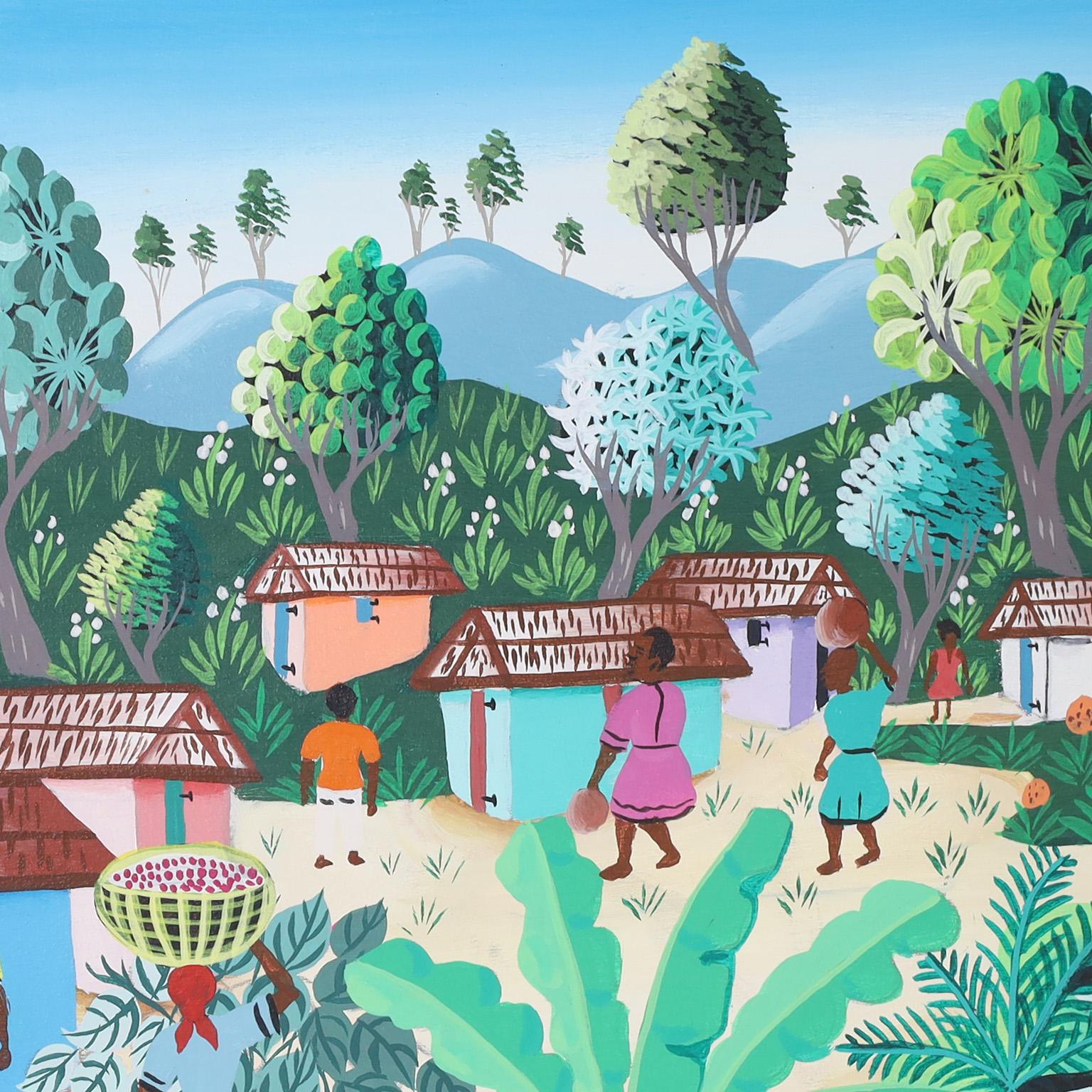 Pintura haitiana sobre lienzo de una aldea 2