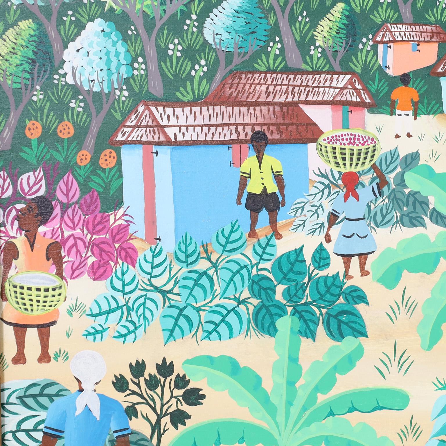 Pintura haitiana sobre lienzo de una aldea 4