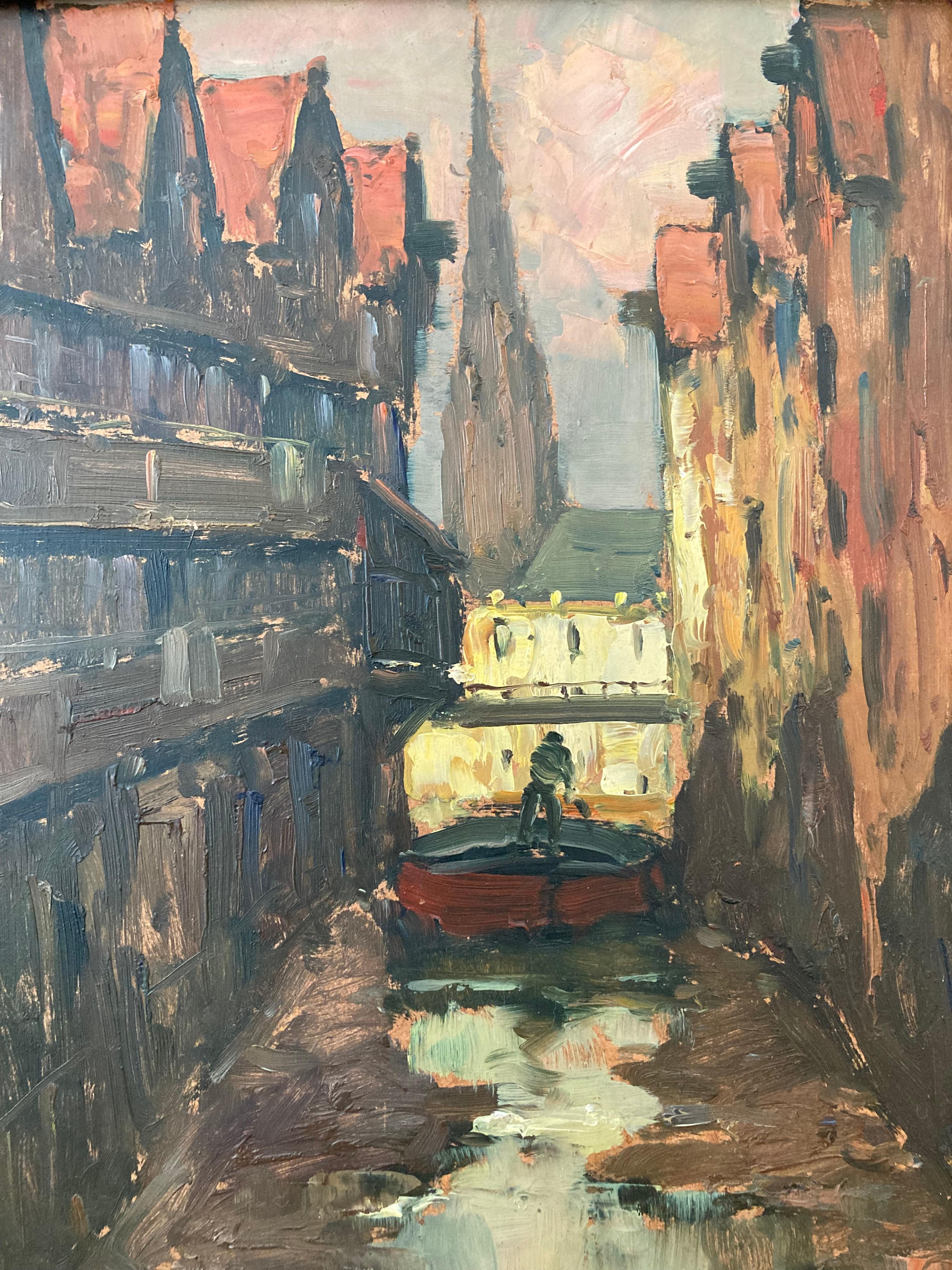 Peinture impressionniste, scène de port de Hambourg, quartier d'entrepôt, signée - Painting de Unknown