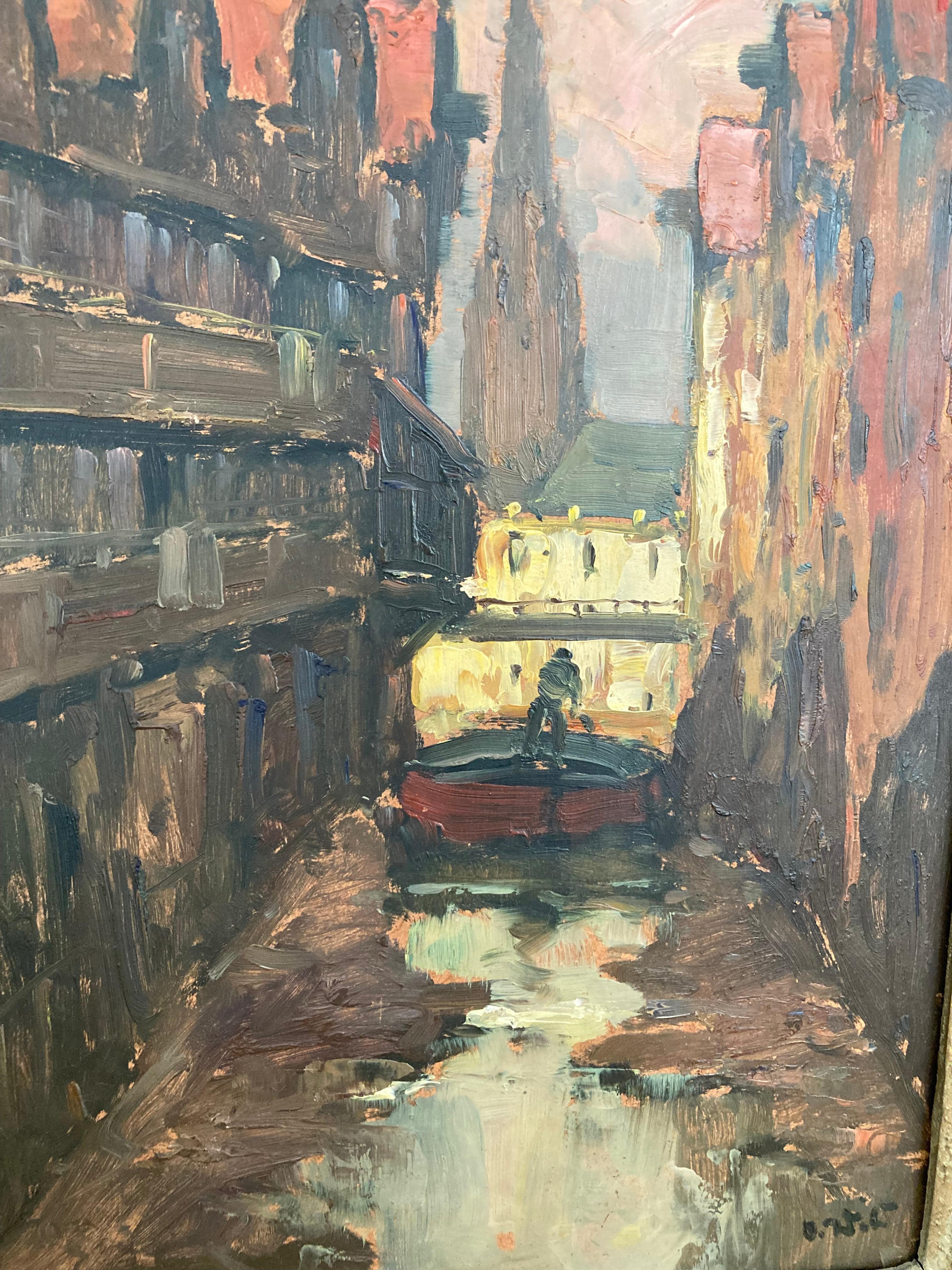 Peinture impressionniste, scène de port de Hambourg, quartier d'entrepôt, signée - Impressionnisme Painting par Unknown