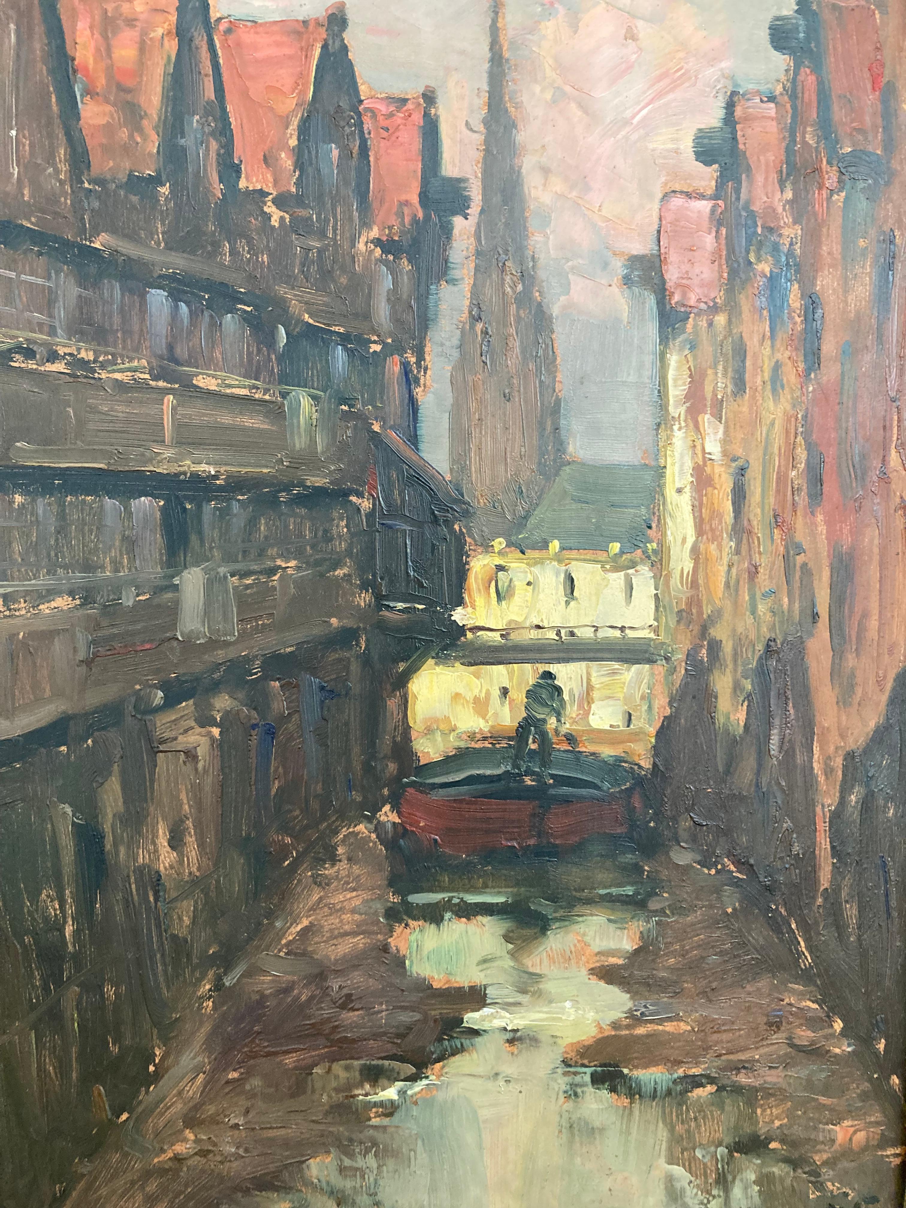 Impressionist, Hamburg Harbour Scene, Warehouse District, Signed, German Art - Gray Figurative Painting by Unknown