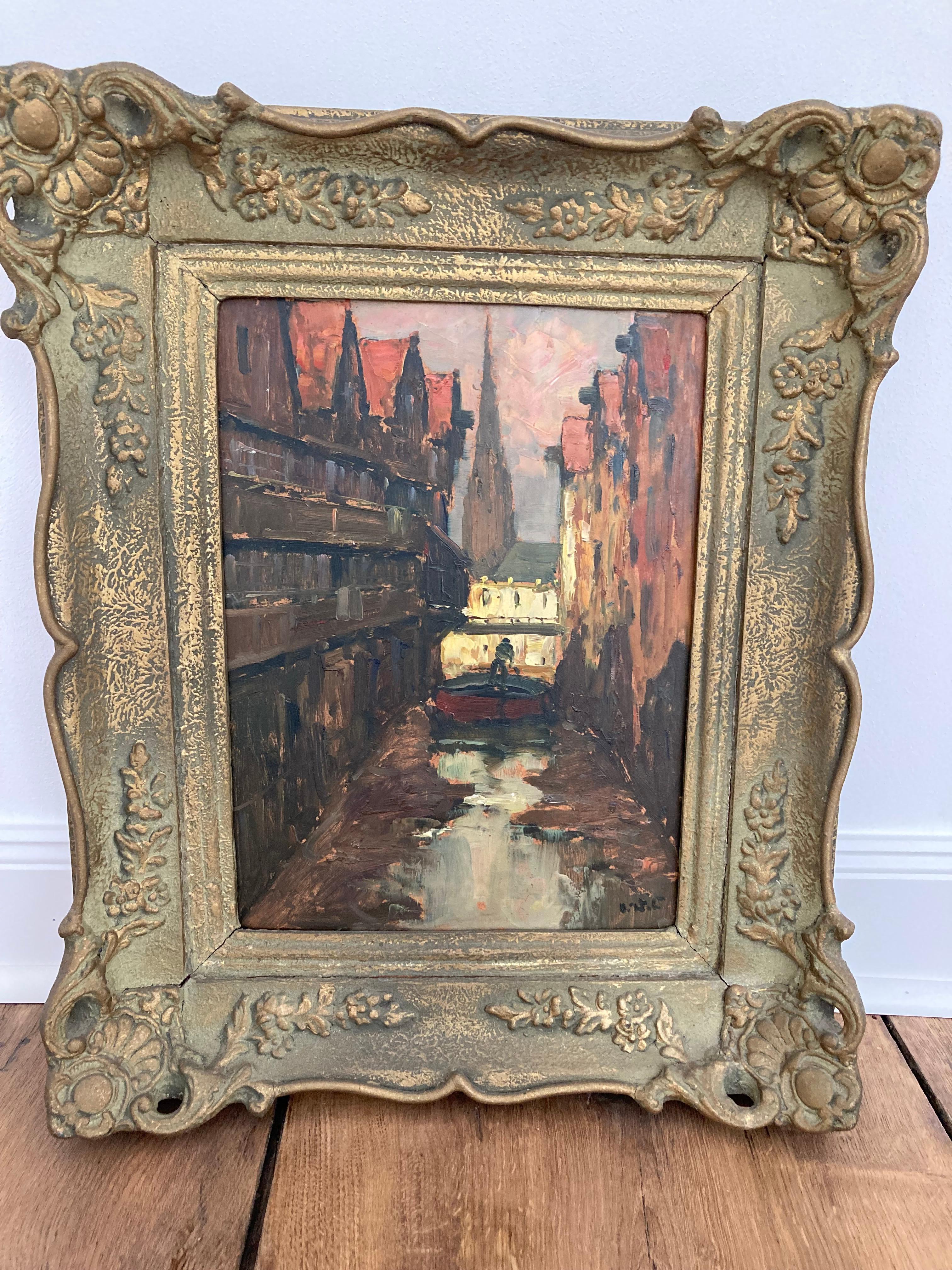 Small format, well preserved, oil painting , which shows Hamburg Harbour, the so-called Warehouse Distrcit. The painting is in the Impressionist Style and is signed. So far the signature could not be identified. The paintingis sold together with the