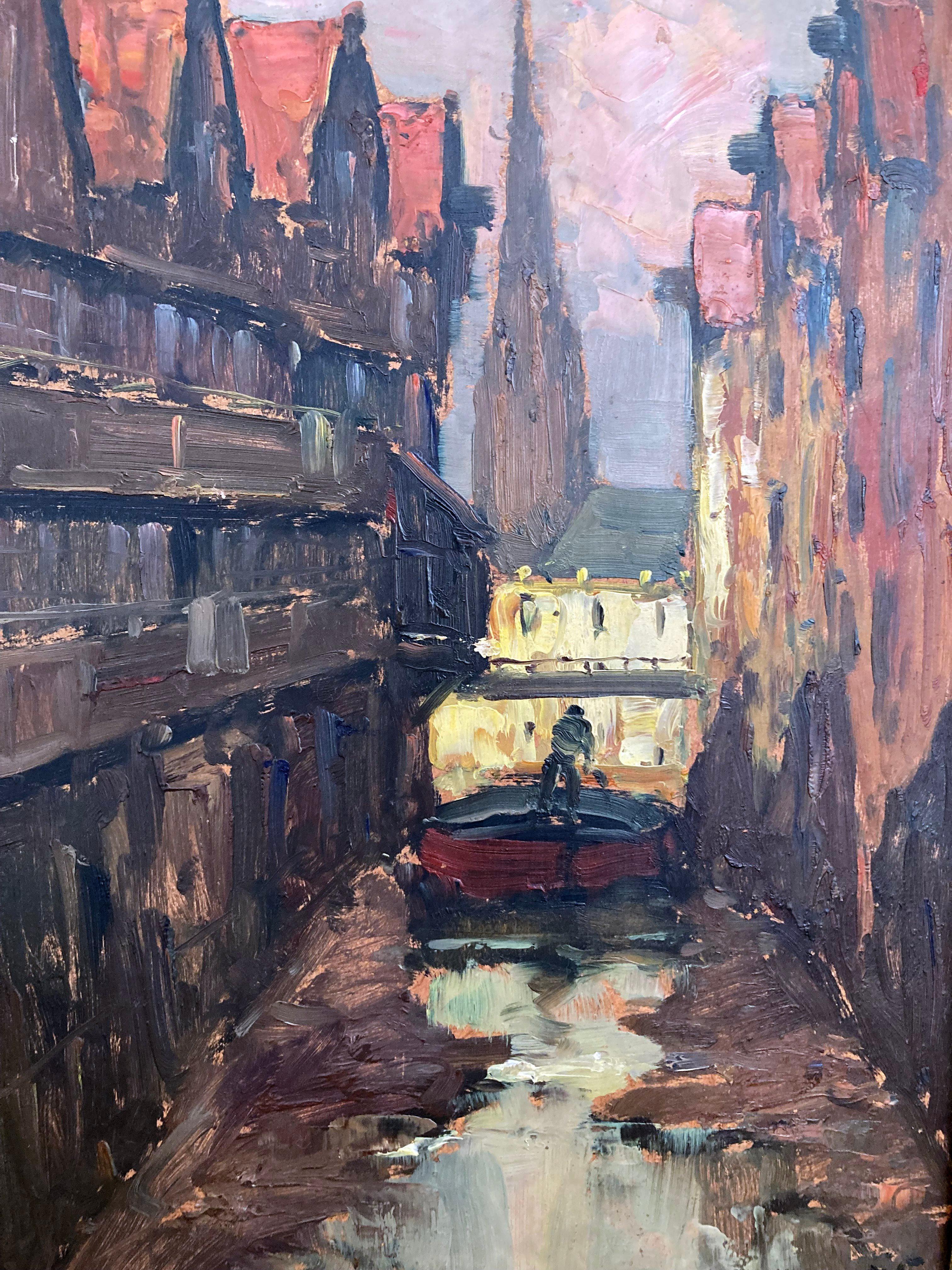 Unknown Figurative Painting - Impressionist, Hamburg Harbour Scene, Warehouse District, Signed, German Art