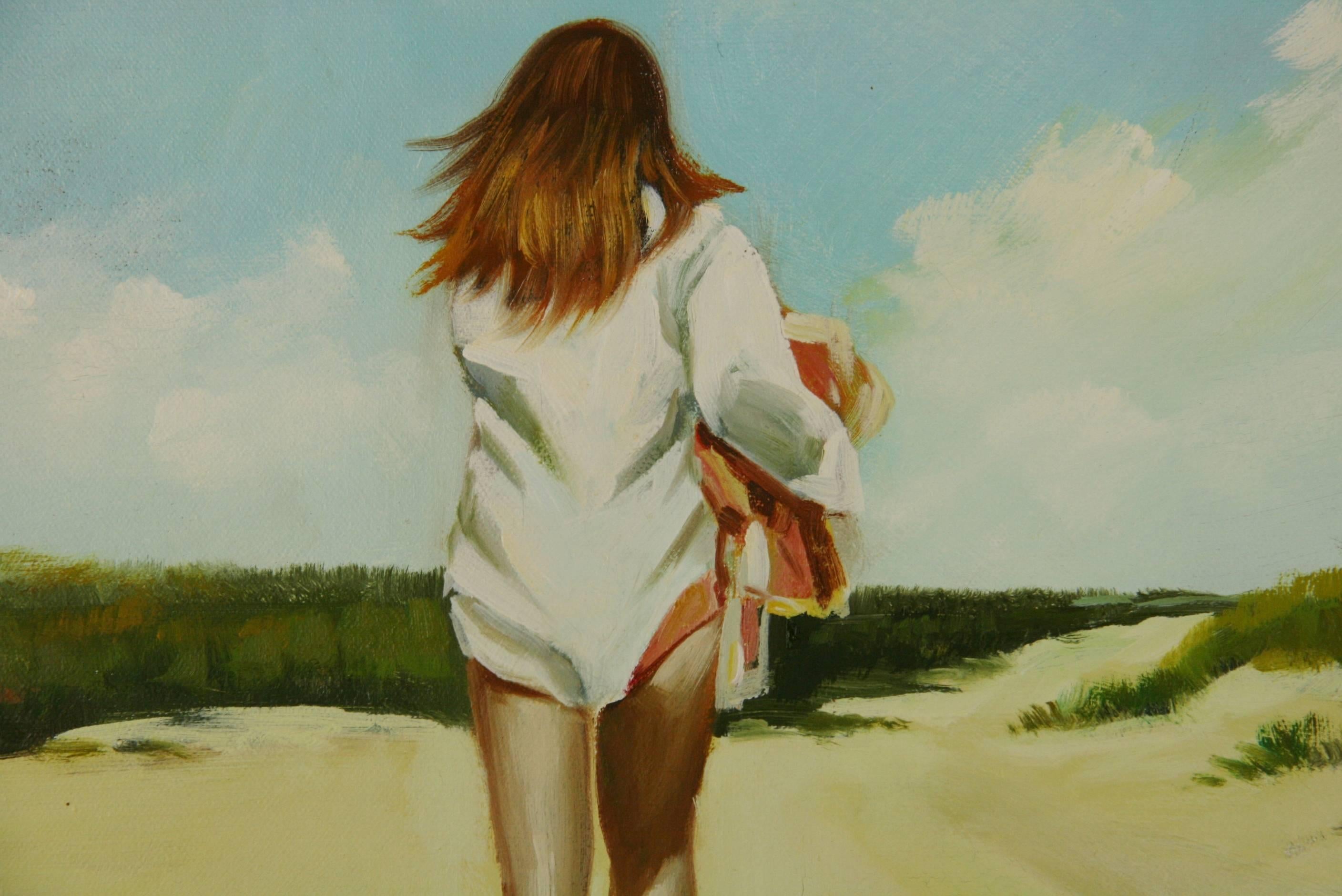 woman walking on beach painting