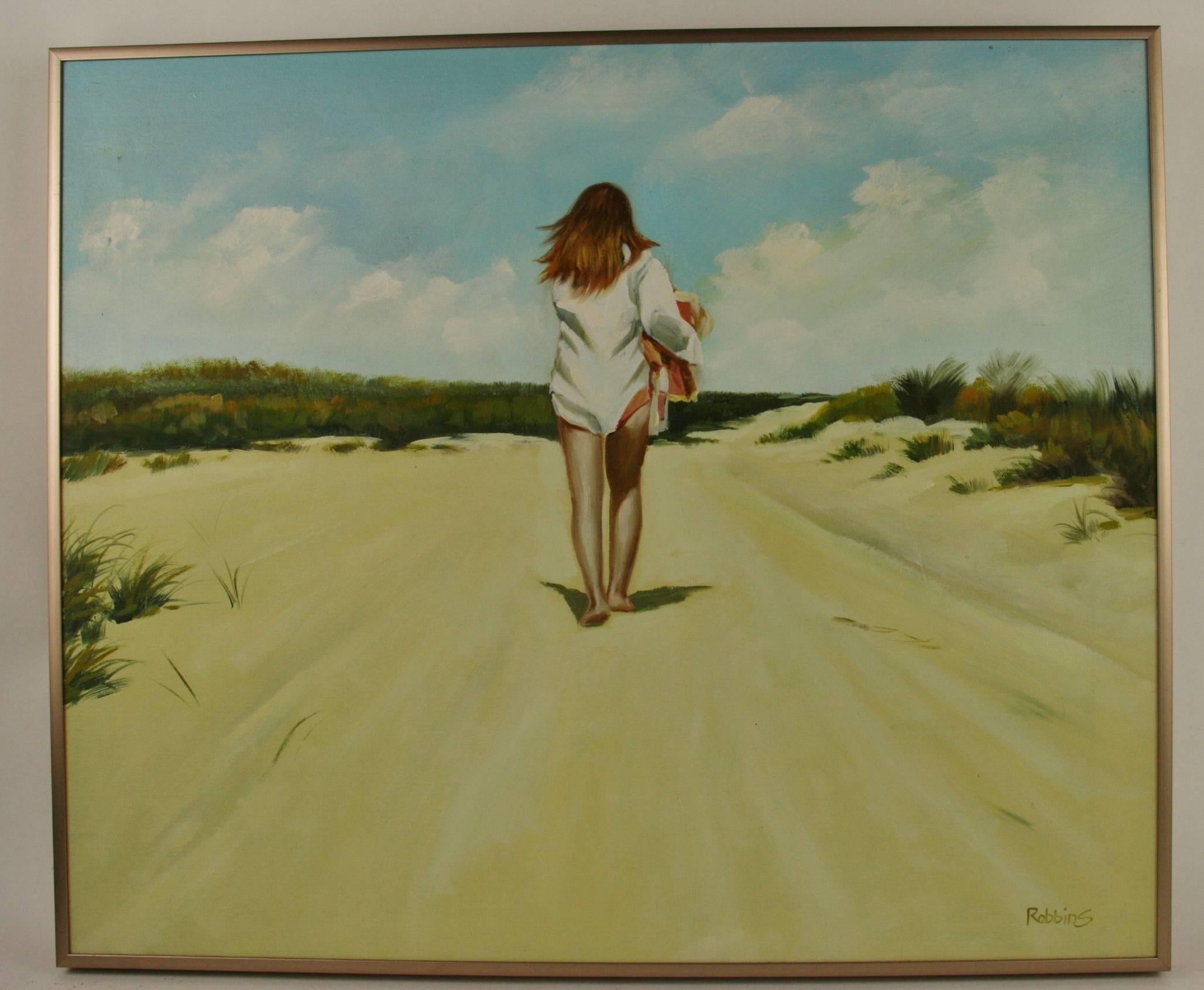 woman walking on the beach painting