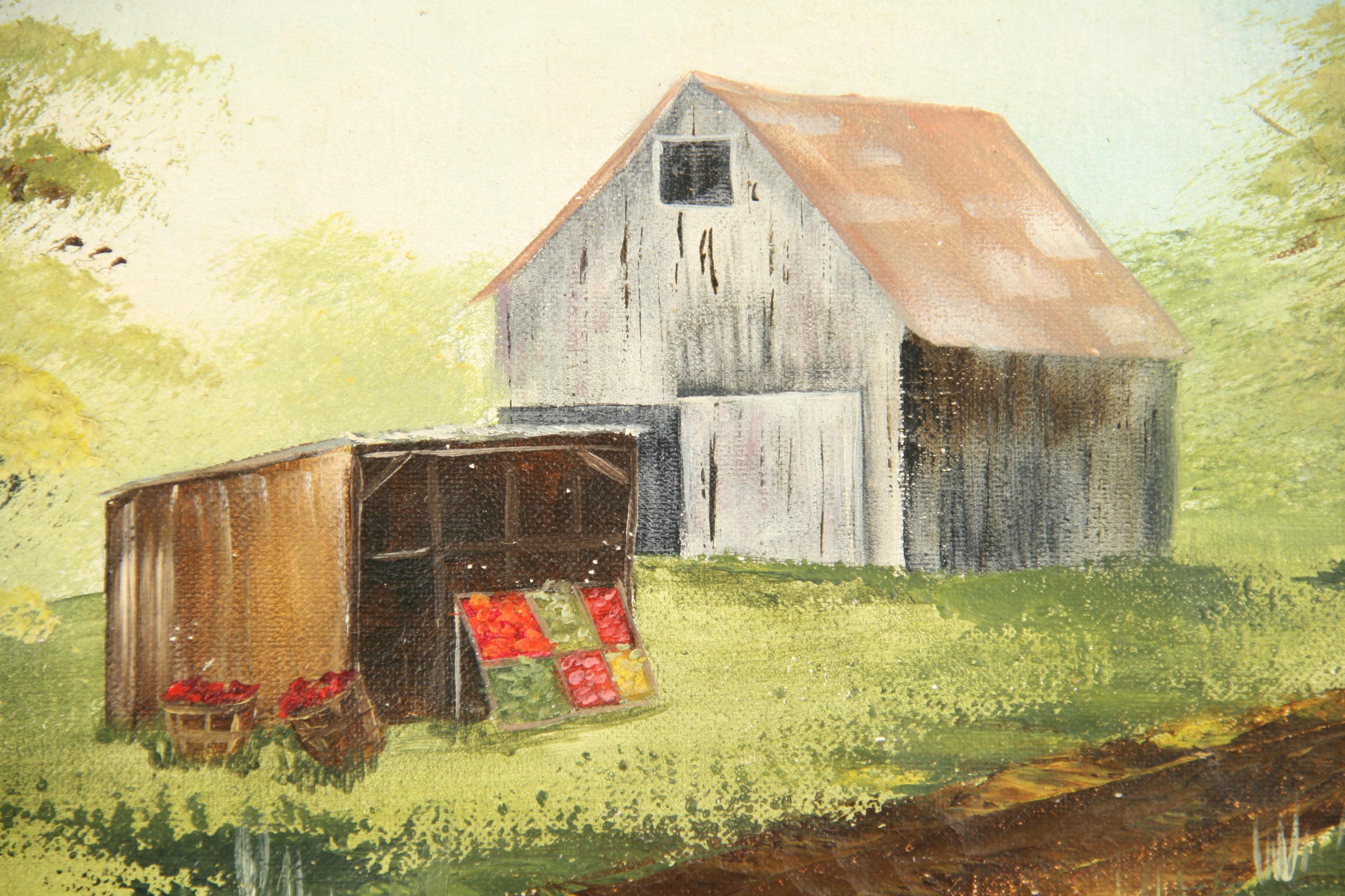 5000a  Hamptons country farmstand 
 Acrylic on canvas applied to a board, displayed in a rustic cerused oak  frame
 Signed lower left by Vanzant
