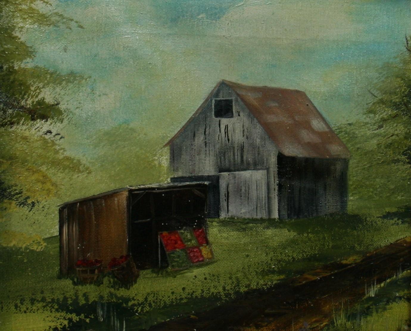 5000a  Hamptons country farmstand 
 Oil on canvas applied to a board, displayed in a rustic cerused oak  frame
 Signed lower left by Vanzant