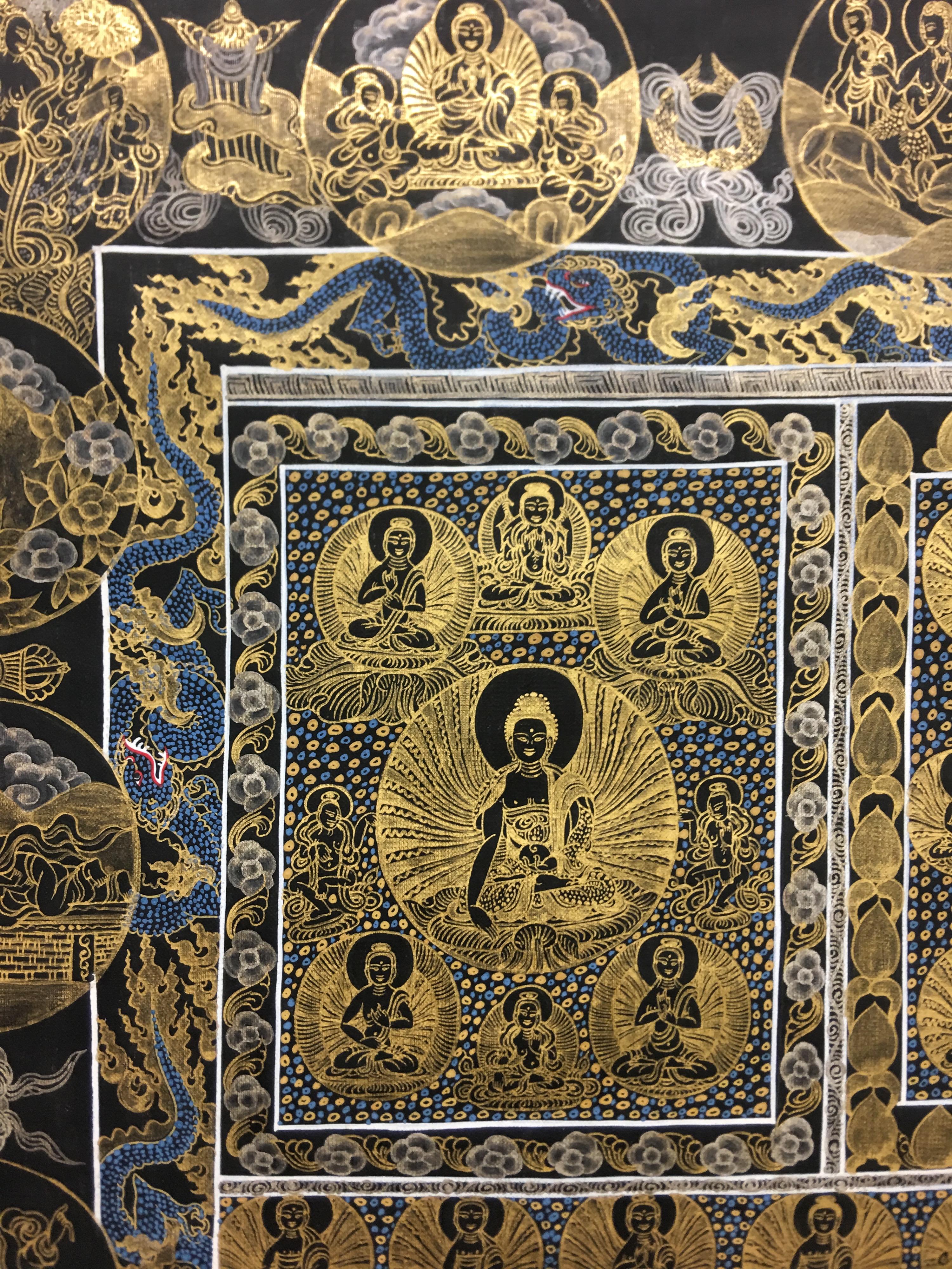 Hand Painted Buddha Thangka with 24K Gold - Painting by Unknown