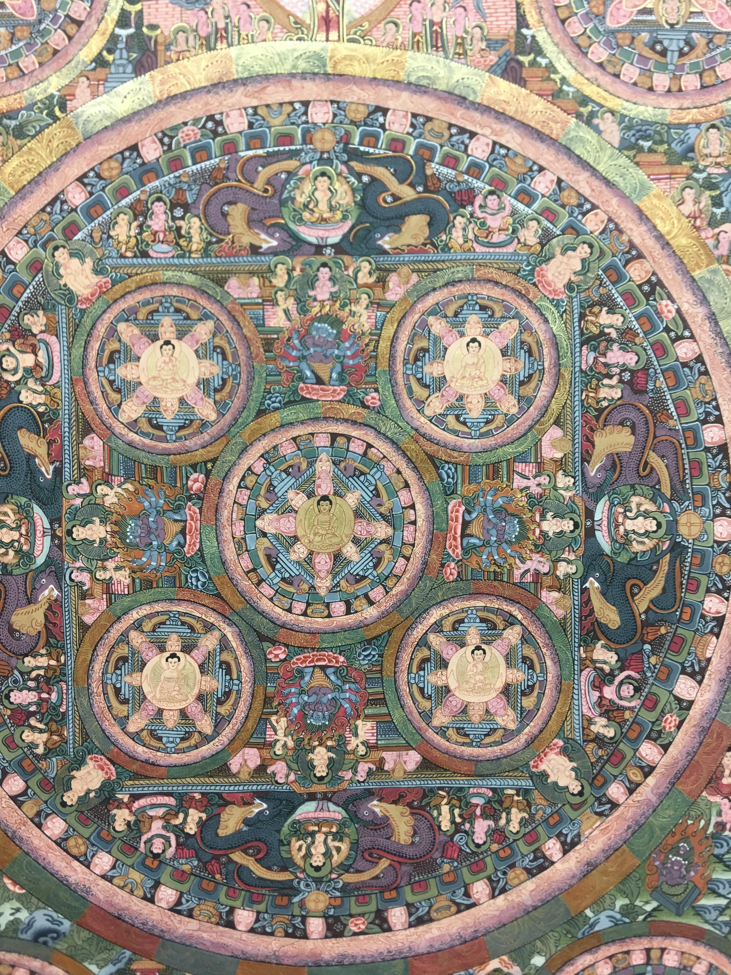 Hand Painted Five Mandala Thangka with 24K Gold - Painting by Unknown