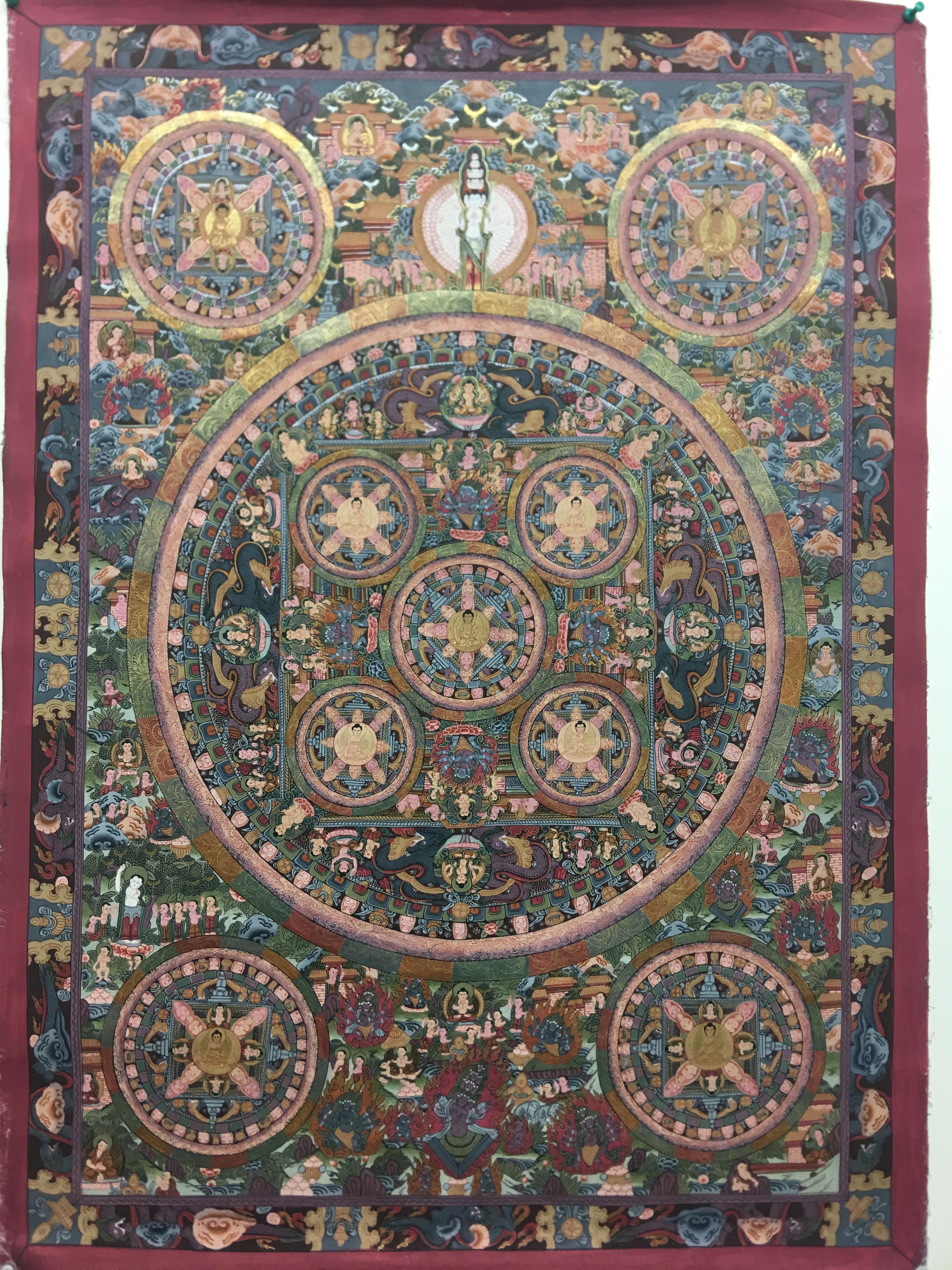 Thangka a cinque mandala dipinti a mano con oro 24 carati