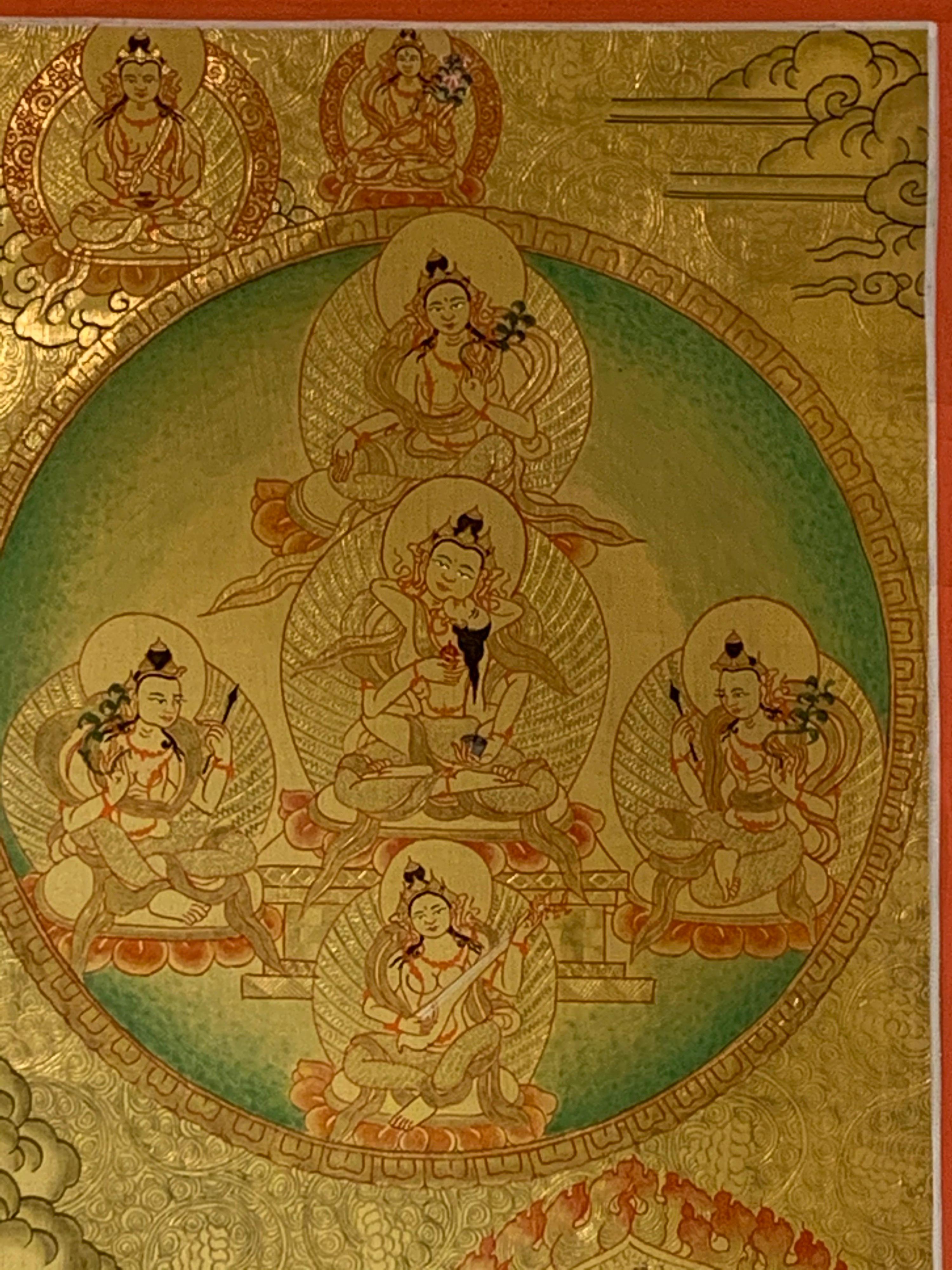 Hand Painted Golden Shakti Chakra Mandala Thangka with 24K Gold   - Brown Figurative Painting by Unknown