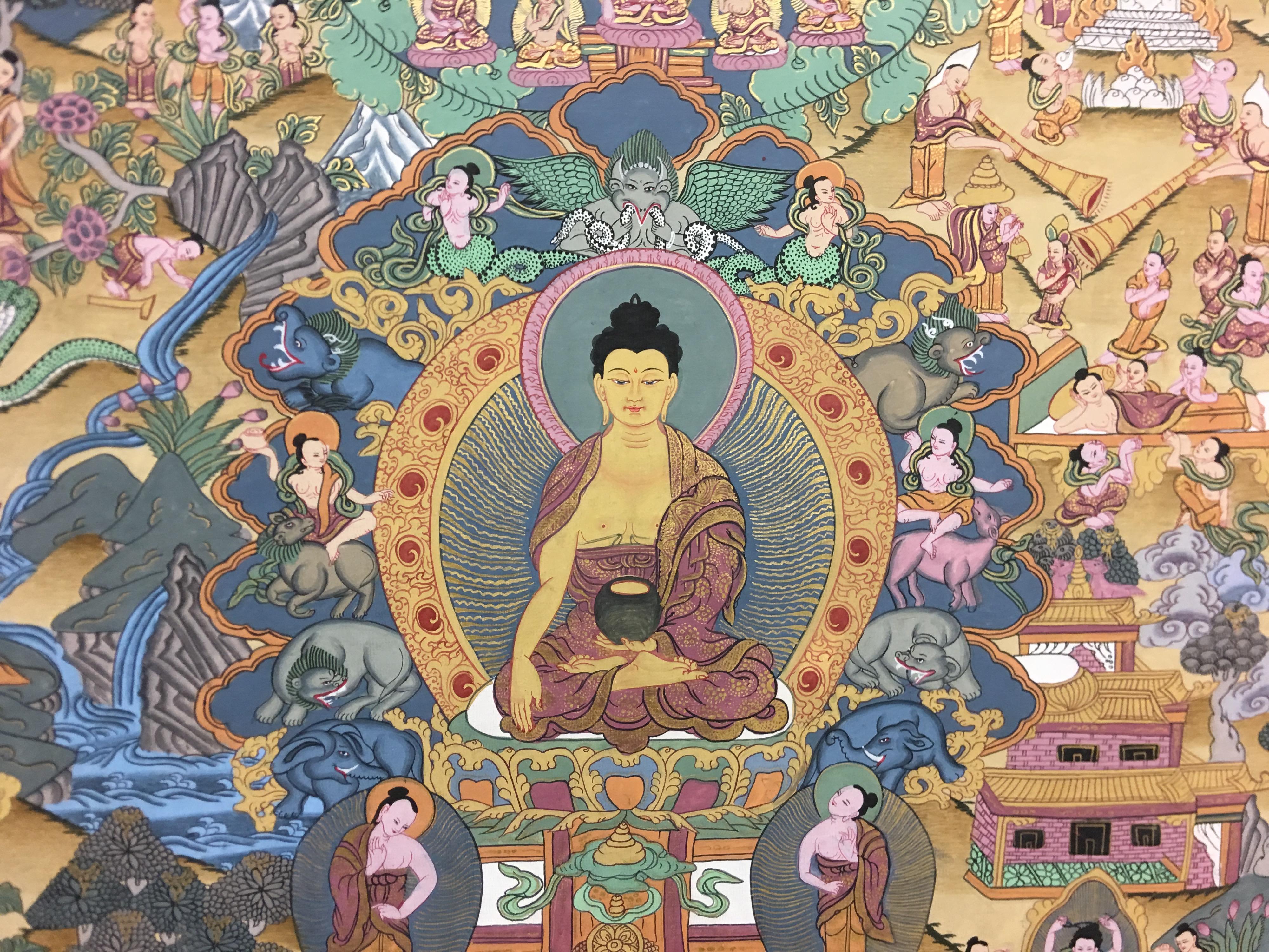 Peint à la main, Bouddha Thangka avec  Or 24 carats - Painting de Unknown