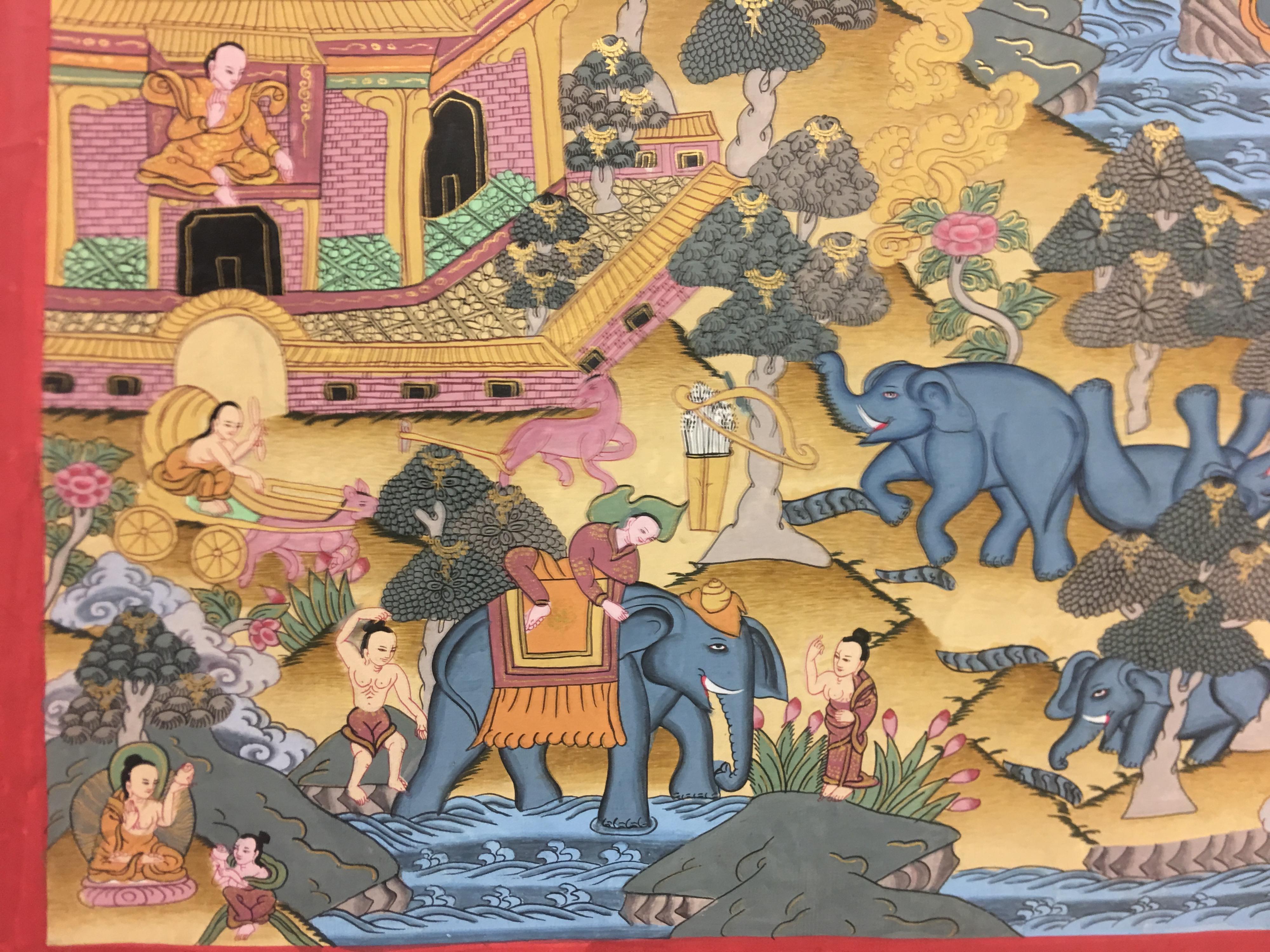 Peint à la main, Bouddha Thangka avec  Or 24 carats - Marron Figurative Painting par Unknown