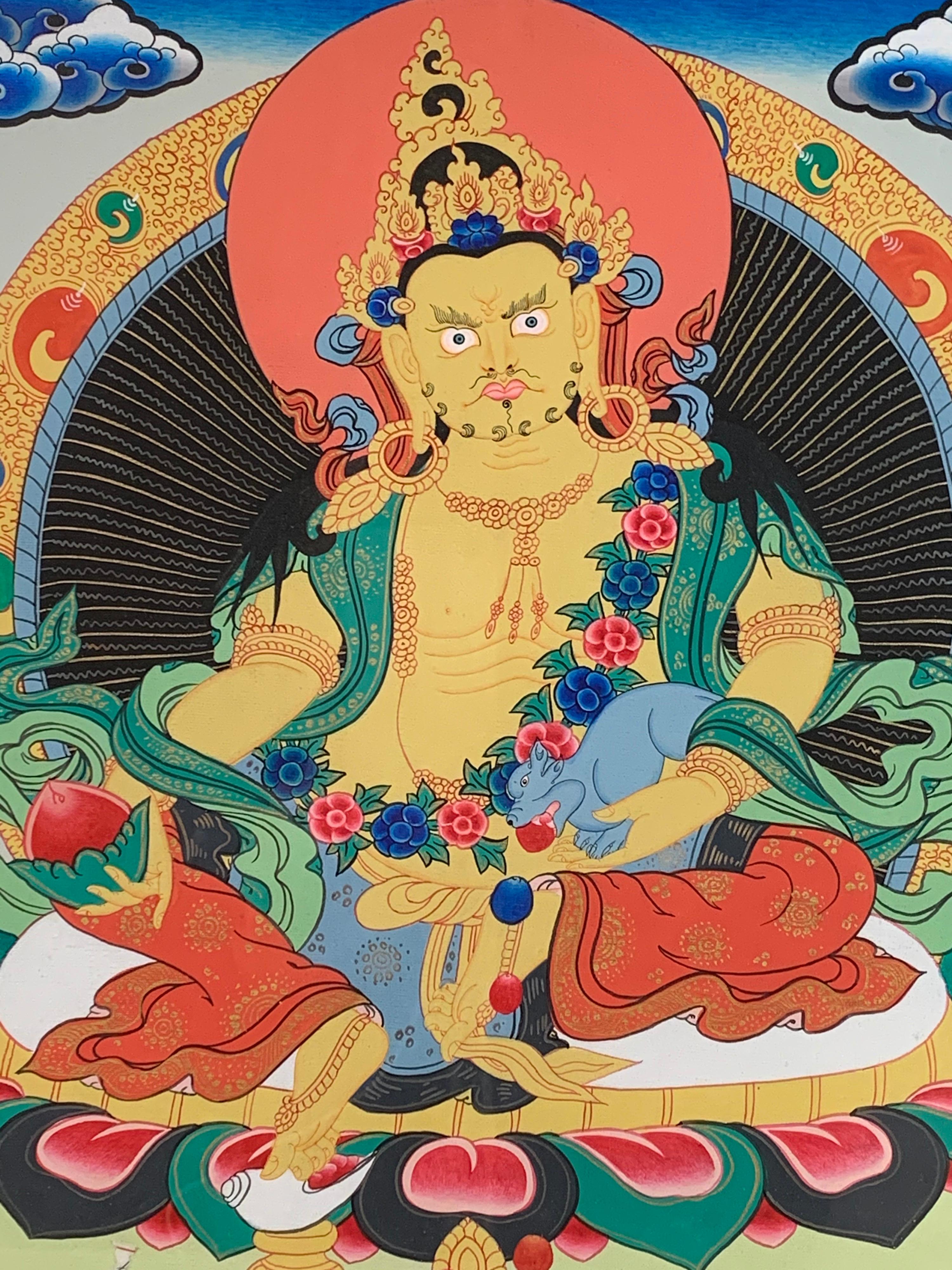 Hand Painted Jambhala or Kuber Thangka on Canvas with 24K Real Gold For Sale 3