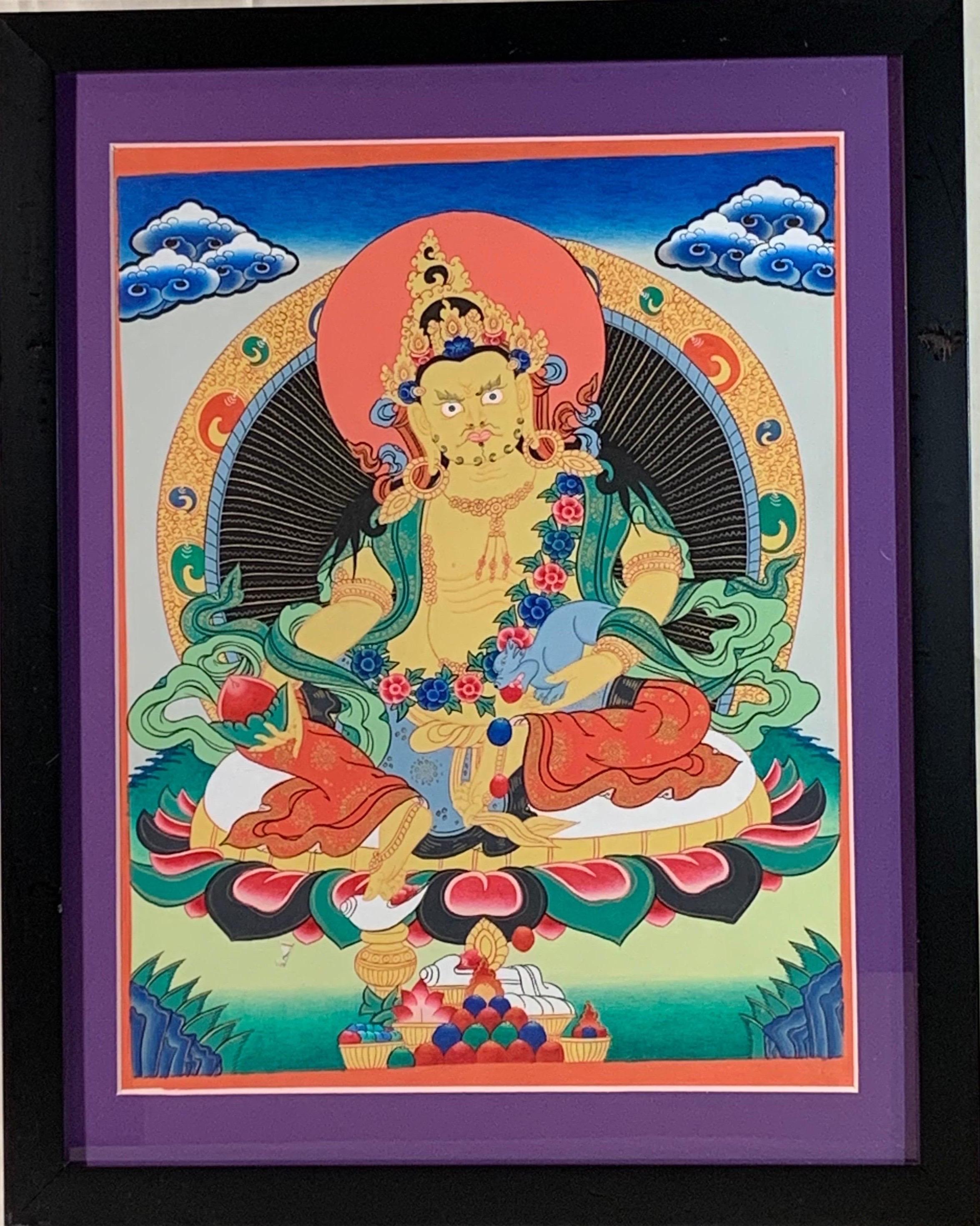 Hand Painted Jambhala or Kuber Thangka on Canvas with 24K Real Gold - Painting by Unknown