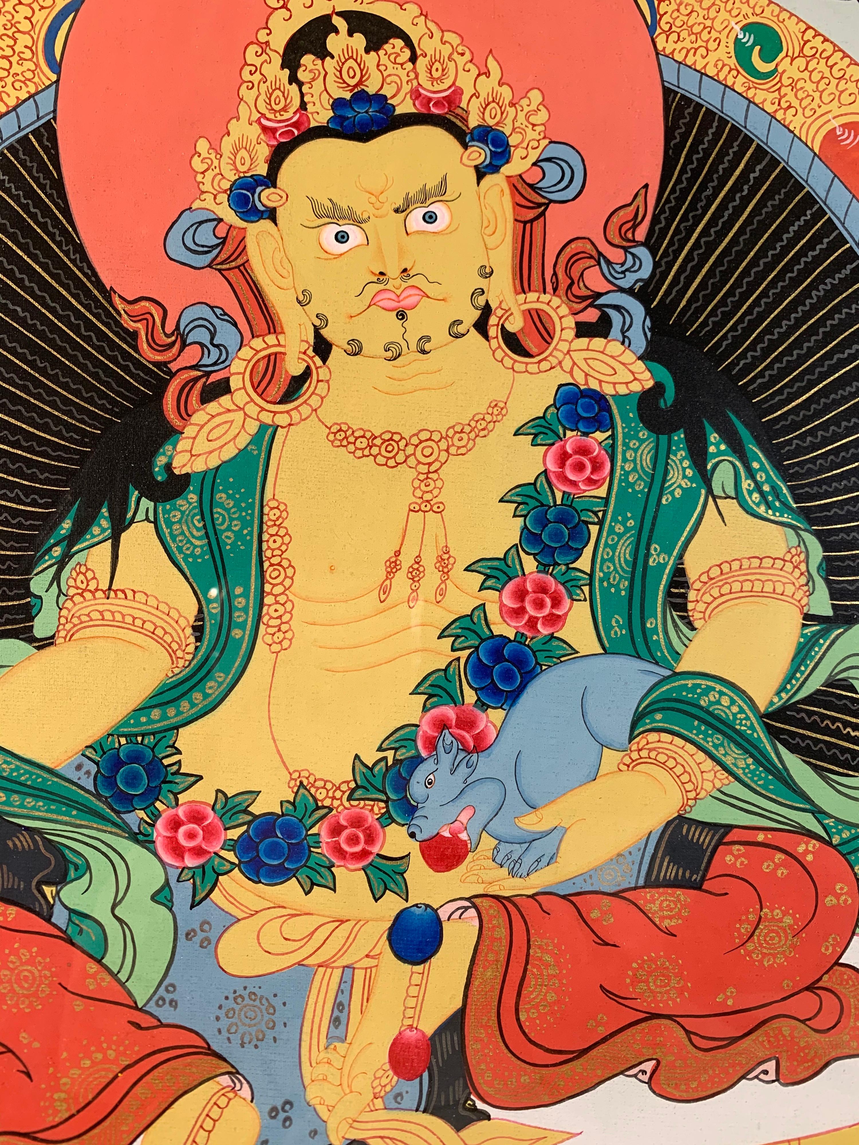 Hand Painted Jambhala or Kuber Thangka on Canvas with 24K Real Gold - Other Art Style Painting by Unknown