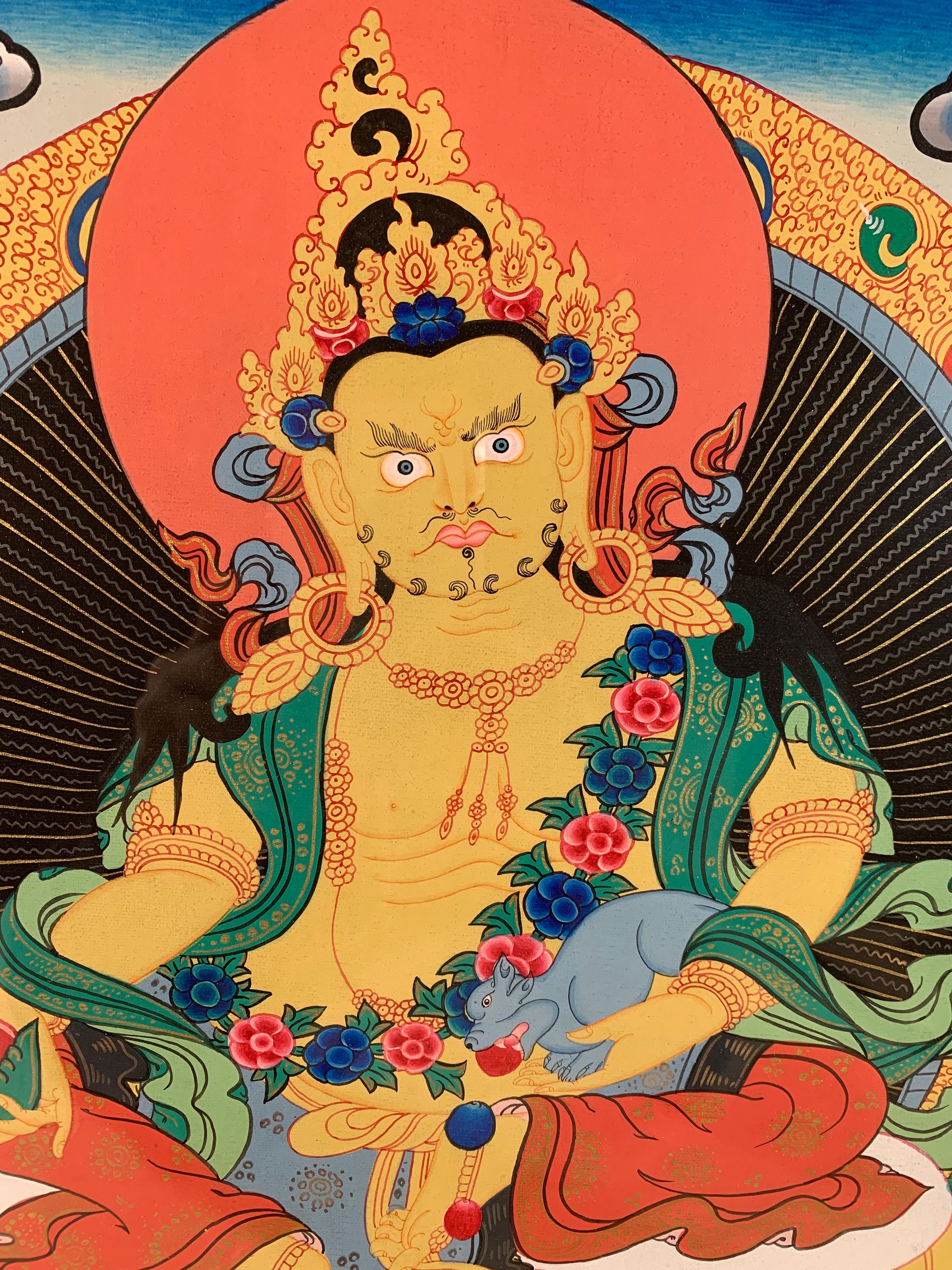 Hand Painted Jambhala or Kuber Thangka on Canvas with 24K Real Gold - Black Figurative Painting by Unknown