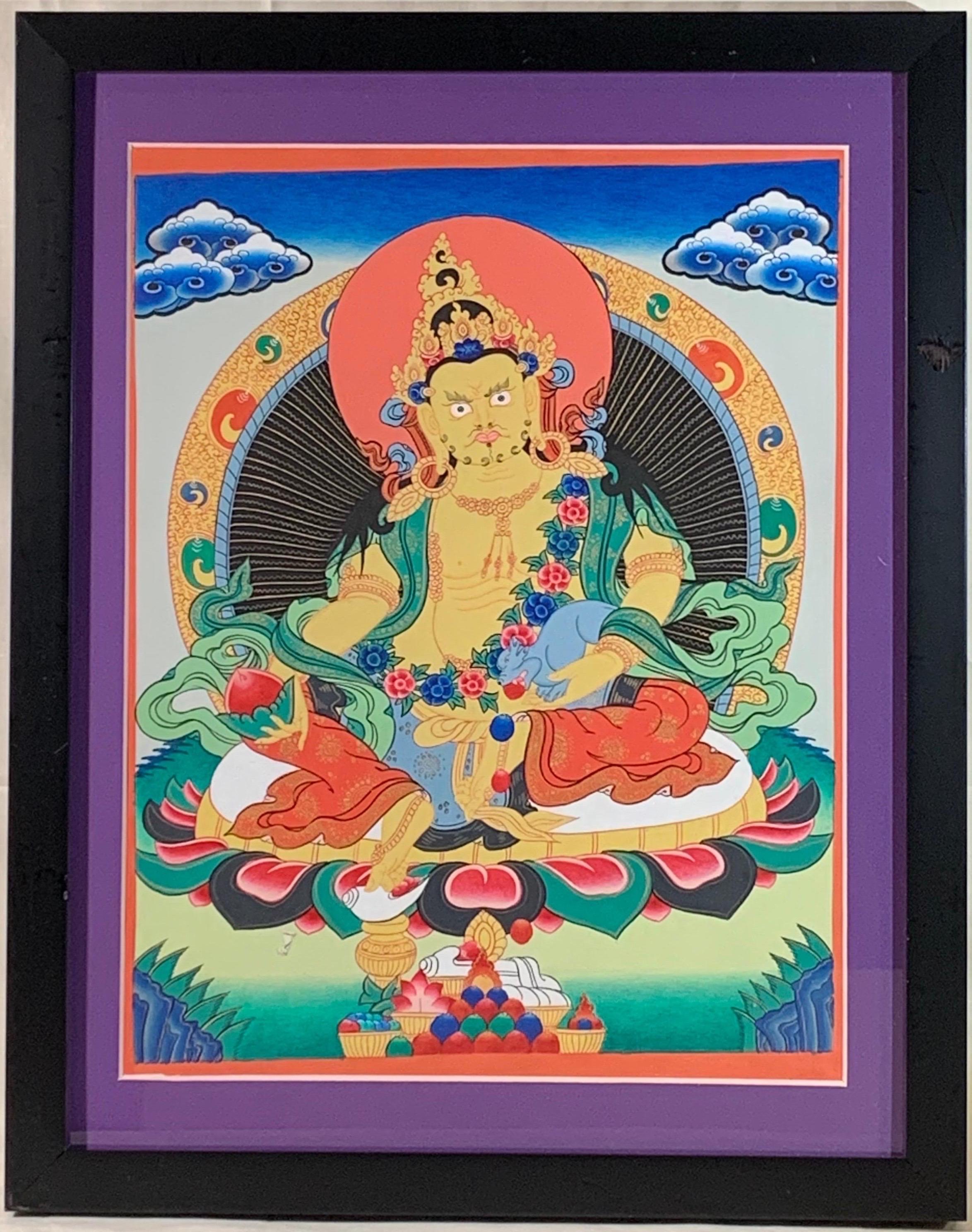 Peint à la main Jambhala ou Kuber Thangka sur toile avec or véritable 24 carats