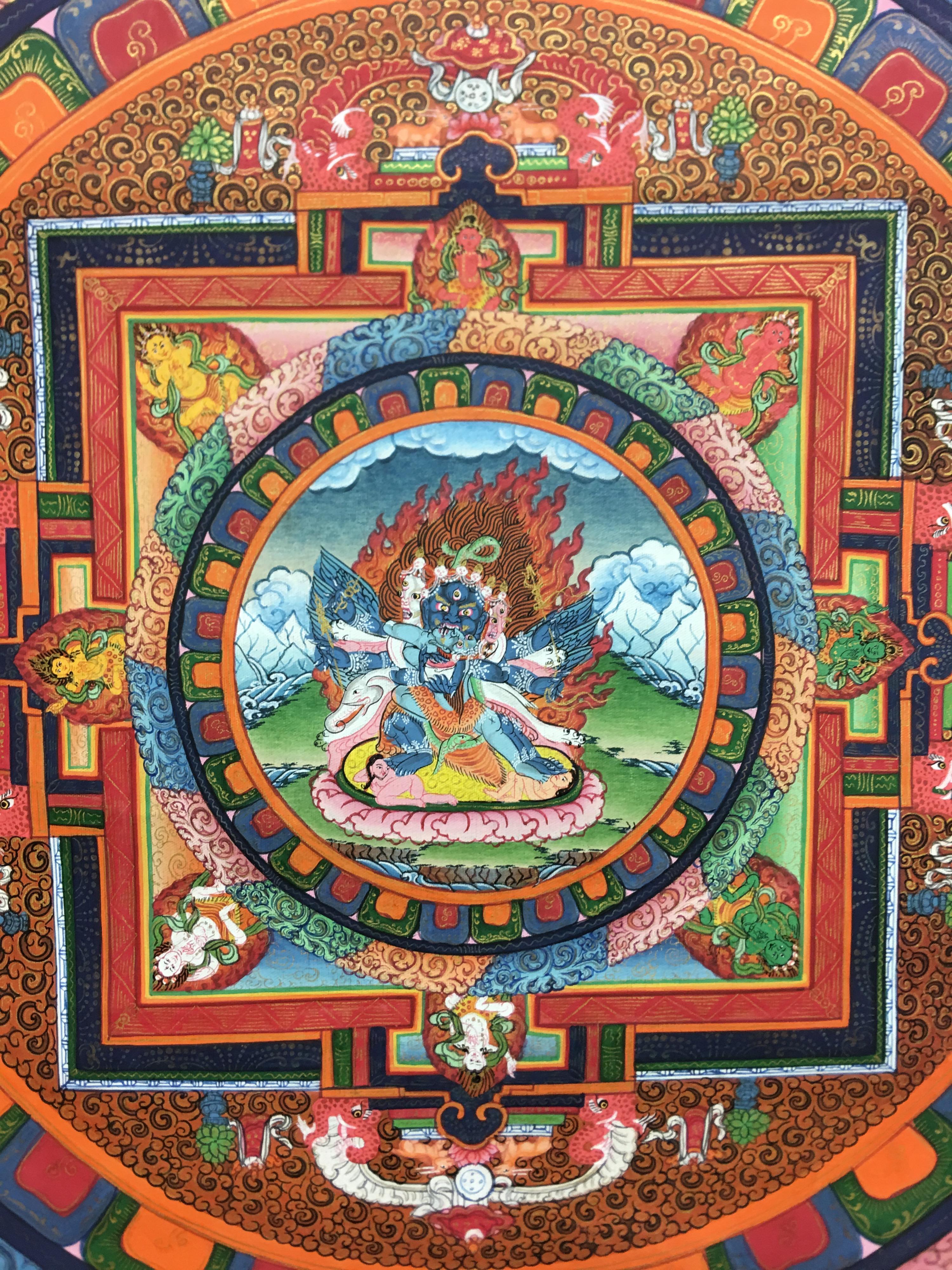 Thangka Mandala peint à la main en or 24 carats - Painting de Unknown