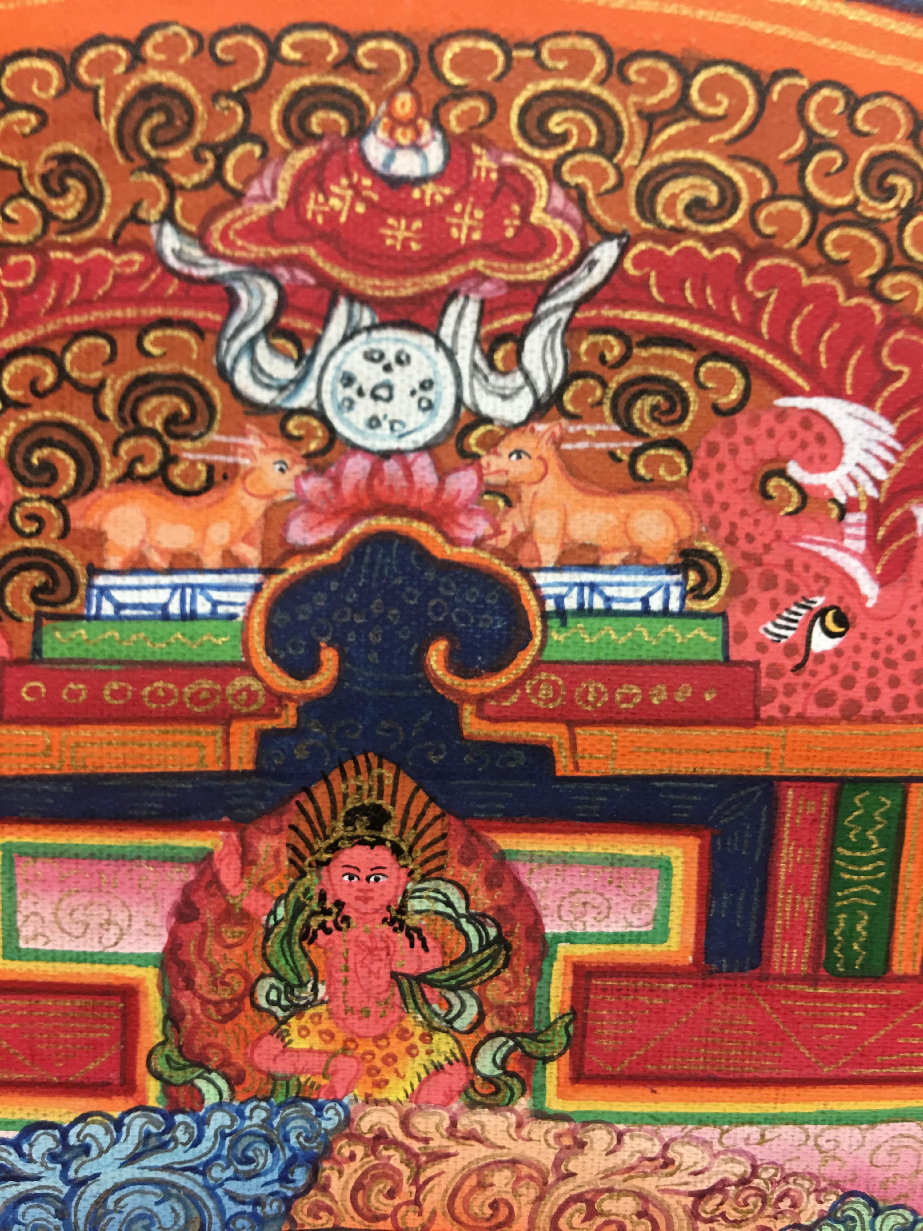 Mandala thangka peint à la main avec de l'or véritable 24K. À l'intérieur du mandala, la déité centrale est le courroux de 