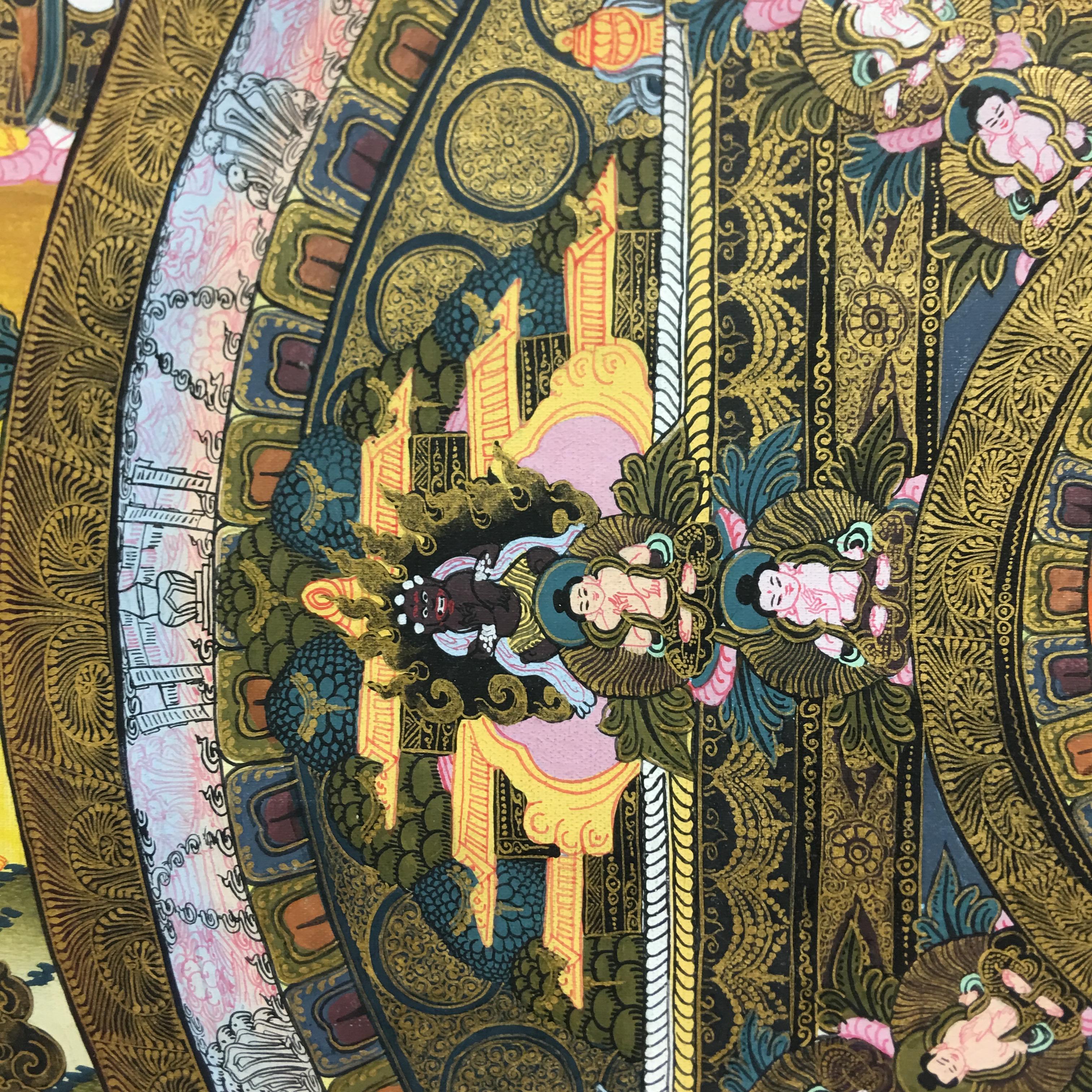 This thangka is hand painted on canvas with 24K gold. It has a center figure of Mayadevi, mother of Gautama Buddha, in the center. Buddha who is believed to have taken seven steps right after birth is depicted in the center along with Mayadevi under