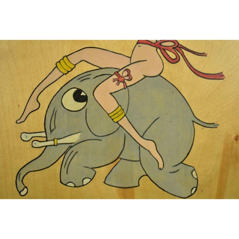 Hand-Painted Naked Lady Astride Cocktail Elephant on Oak Plaque - Painting by Unknown