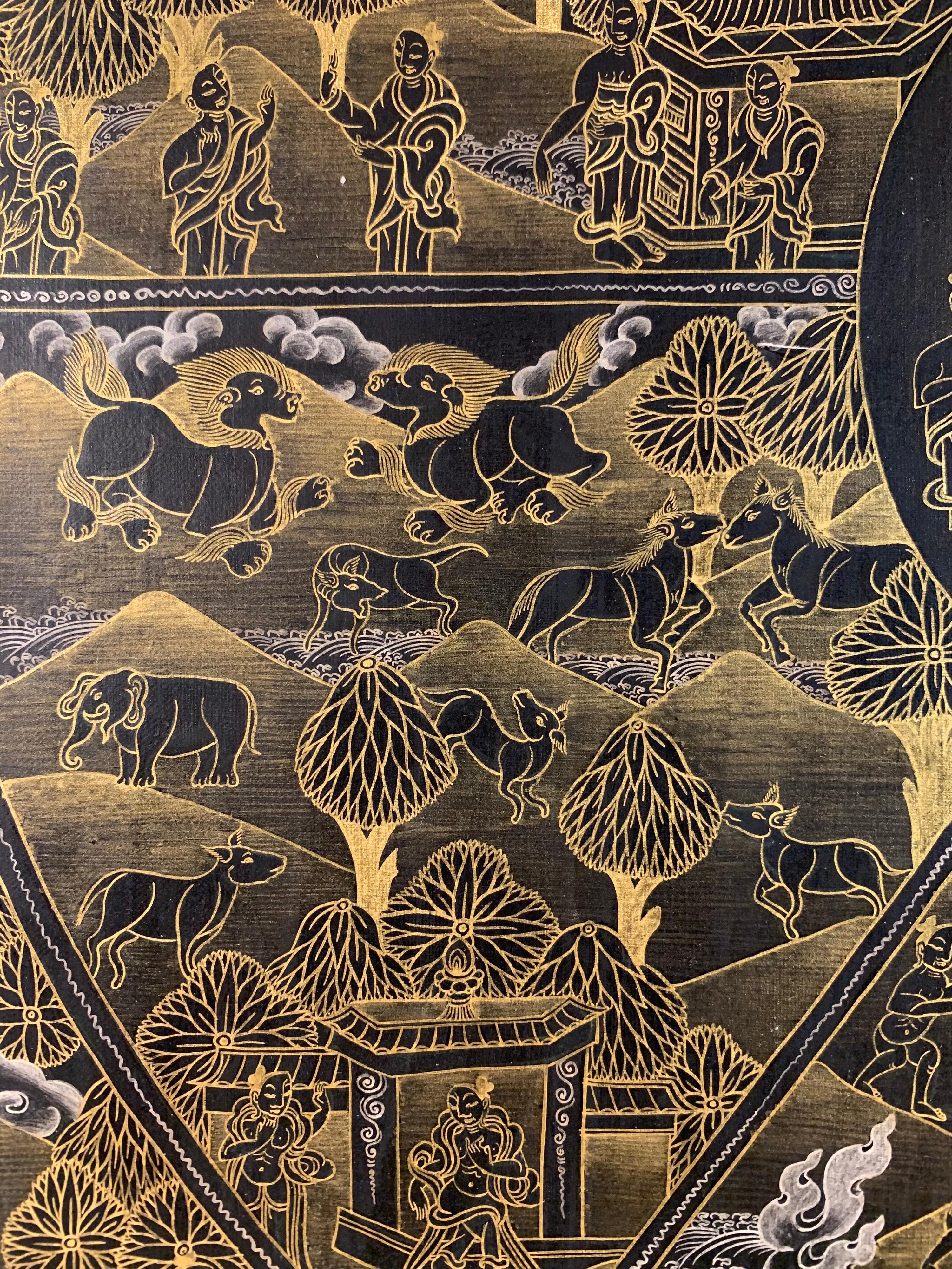 Hand Painted Wheel of Life Original Thangka on Canvas with 24K Gold - Black Figurative Painting by Unknown
