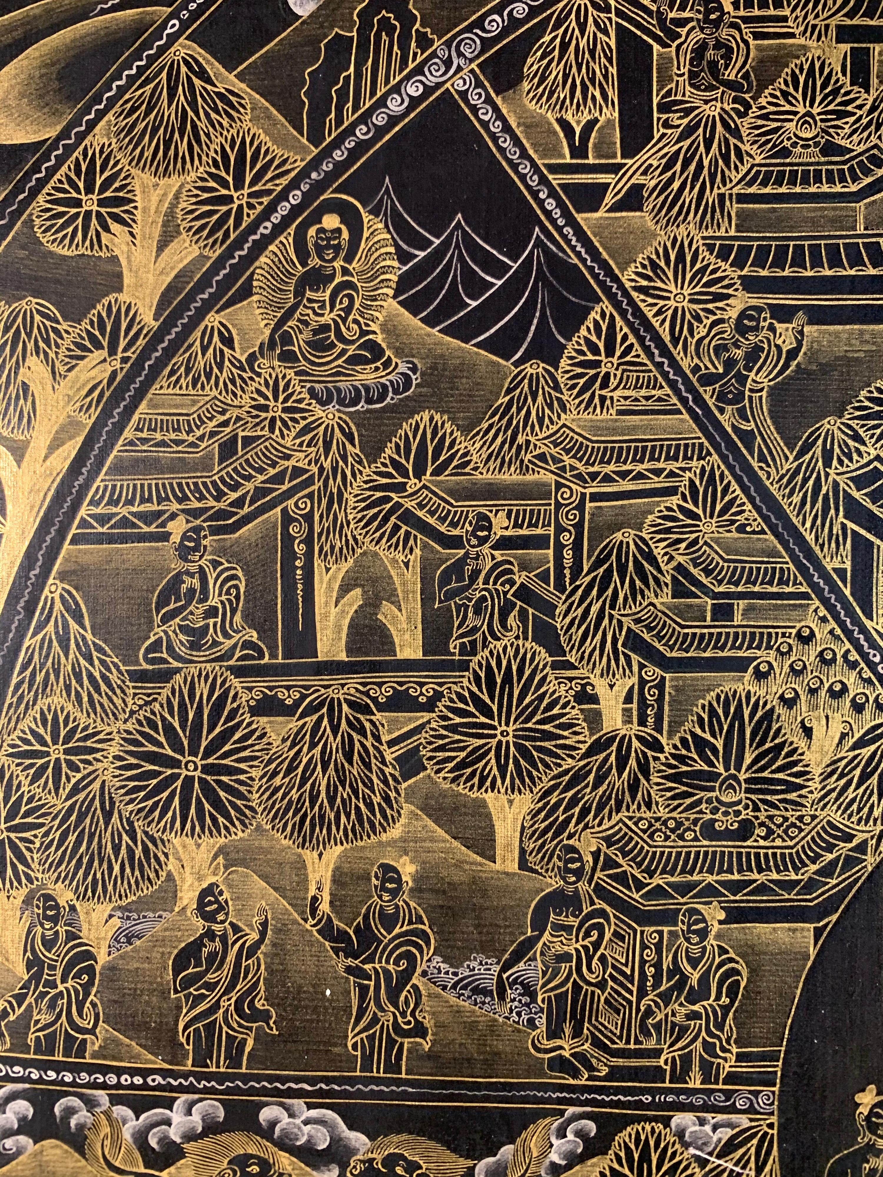 This wheel of life thangka is hand painted on canvas with 24k gold. The contrast of yellow gold on black makes it a stunning art. The artist has painstakingly painted every detail work to make it a desirable piece of art.
The 