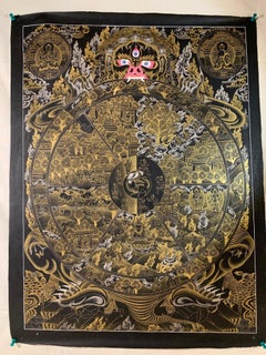 Handbemaltes Original Thangka Wheel of Life, Original Thangka auf Leinwand mit 24 Karat Gold