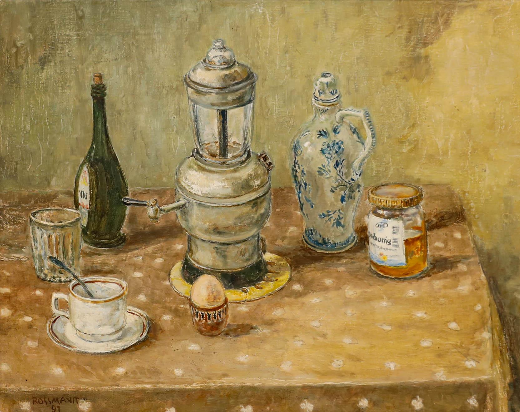 Hanne Rossmanit (1907-2000) - Olio, Natura morta a colazione con samovar e miele - Painting di Unknown