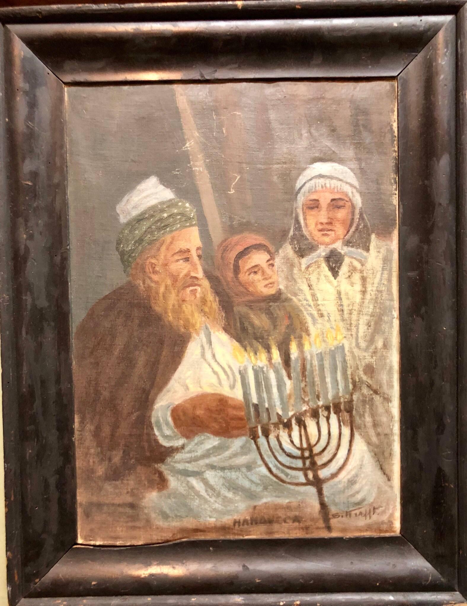 Rare Judaica Art, A World War II era, German or French Judaic painting. A family lighting the menorah the eighth day of the holiday.  Bears remnants of old gothis German print on the back. Signed S. Krafft and tited Hanoucca (Hanukkah or Chanukah)