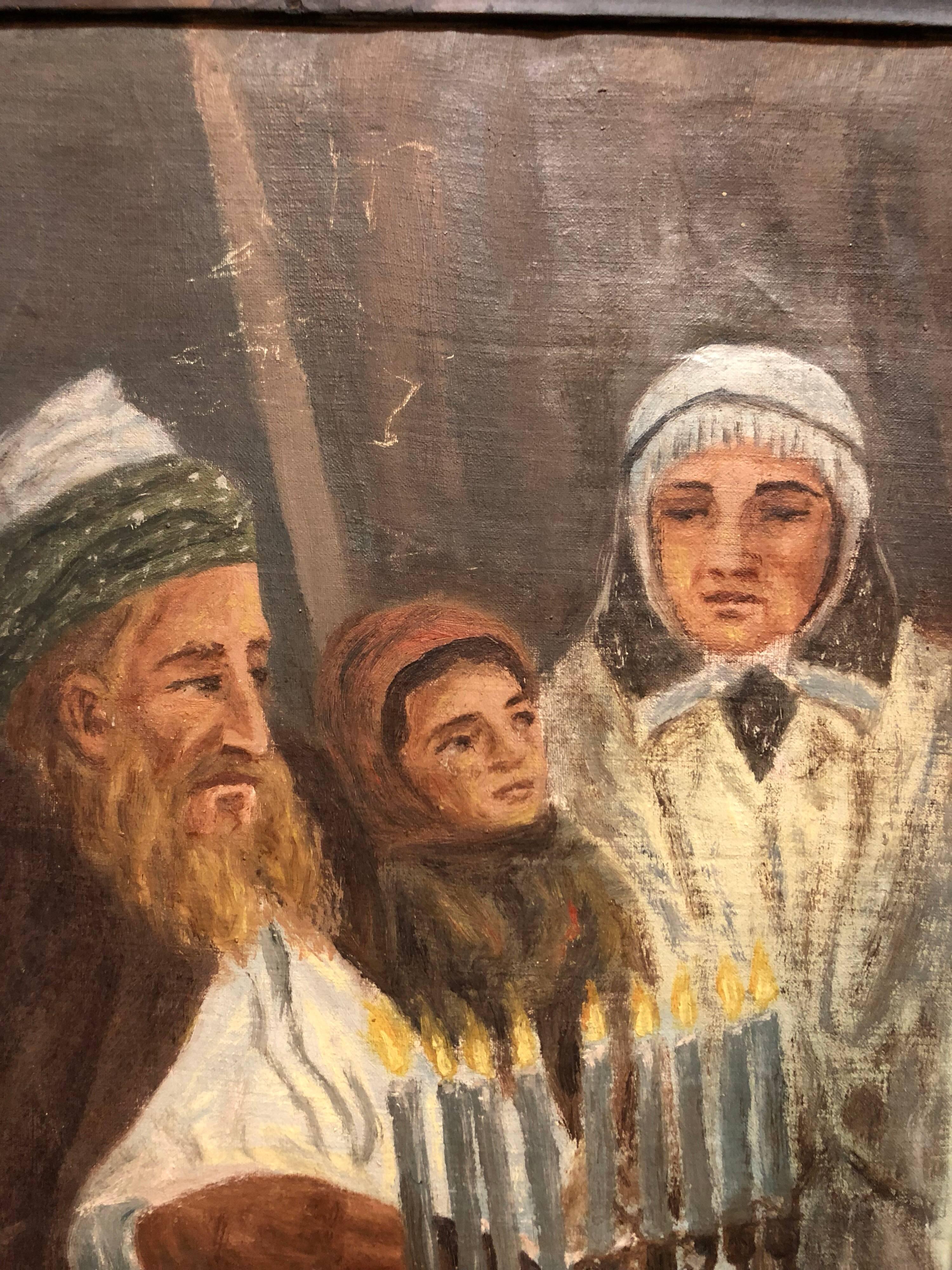 Hanoucca World War II Era Rare Judaica Oil Painting Signed 1