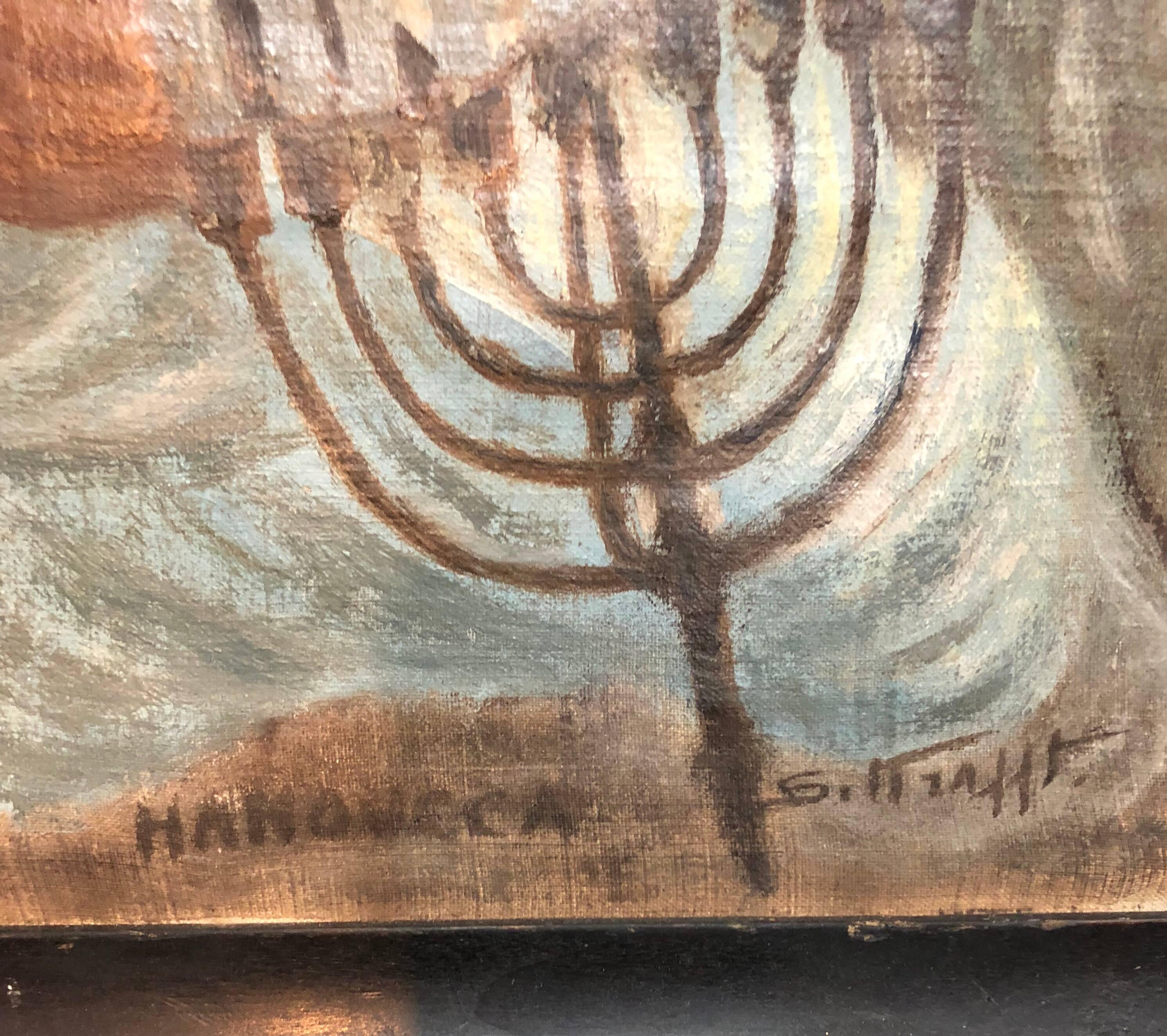 Hanoucca World War II Era Rare Judaica Oil Painting Signed 2