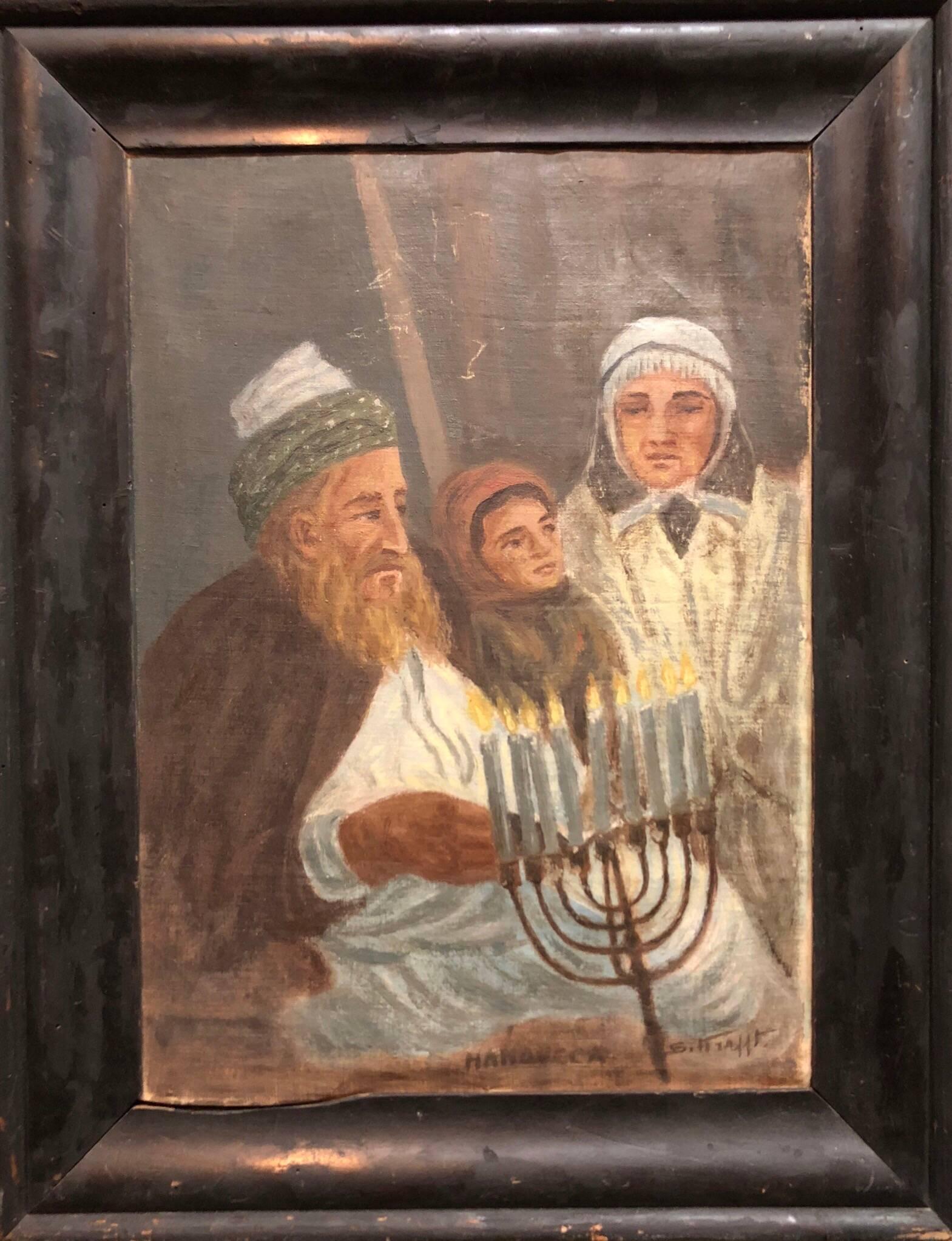 Unknown Figurative Painting - Hanoucca World War II Era Rare Judaica Oil Painting Signed