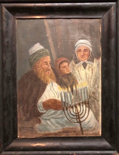 Hanoucca World War II Era Rare Judaica Oil Painting Signed