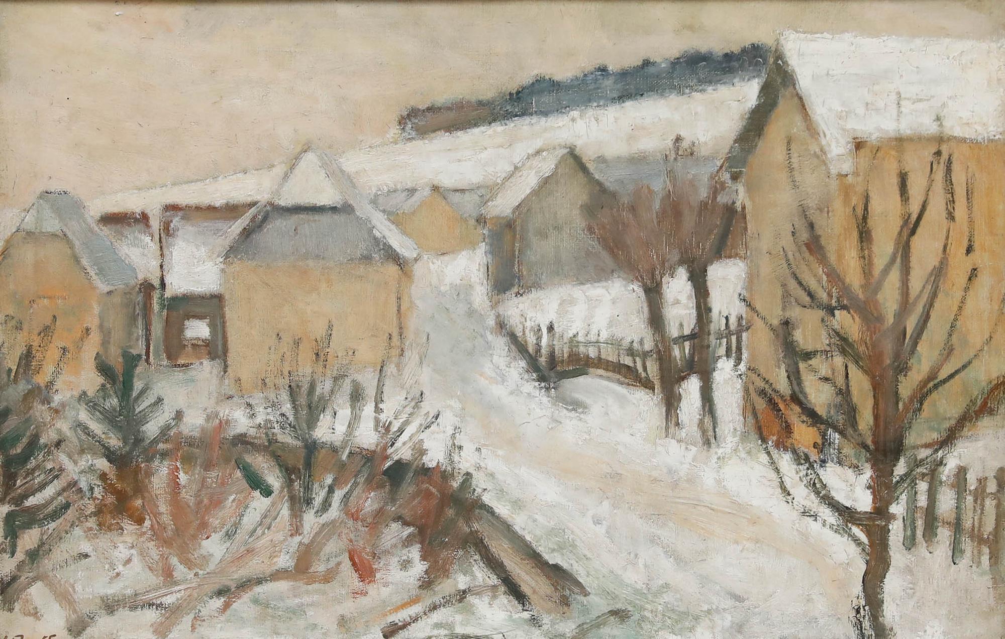 Hans Dressel-Ruff - Gerahmtes Öl aus der Mitte des 20. Jahrhunderts, Dorf im Schnee – Painting von Unknown