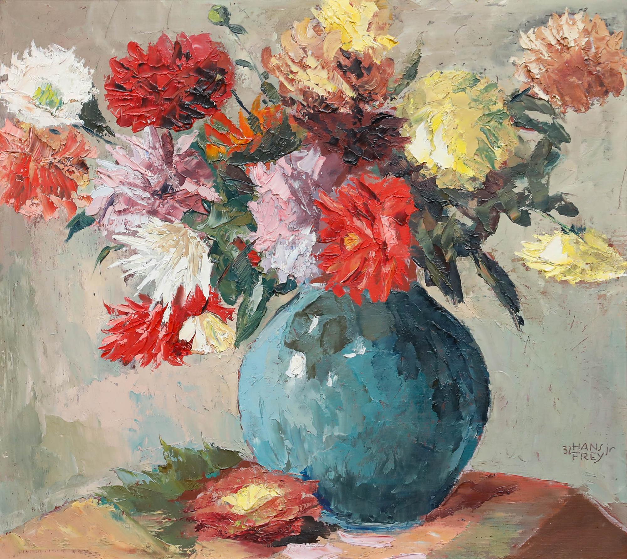 Hans Fey - Gerahmtes Öl von 1932, Lebendige Dahlien – Painting von Unknown